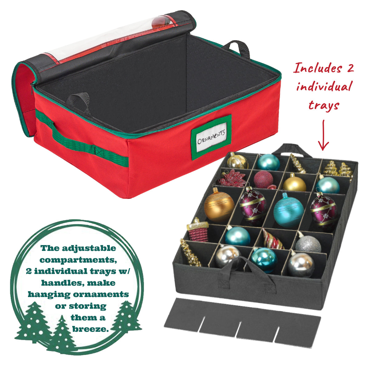 Underbed Christmas Ornament Storage Container - Holds up to 48-3" Ornaments – Two Individual Removable Trays w/ Adjustable Dividers to Fit Many Sizes Ornaments Heavy-Duty 600D Ornaments Storage Box