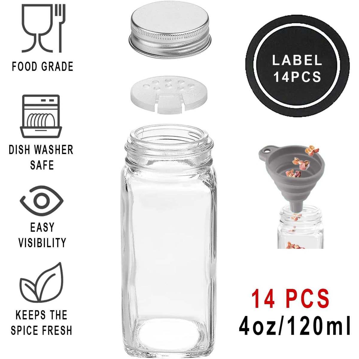 Paris Hilton Glass Spice Jar Storage Set, 4-Ounce Empty Spice Jars with Labels, Shaker Caps and Metal Lids, Collapsible Funnel Included, 25-Piece