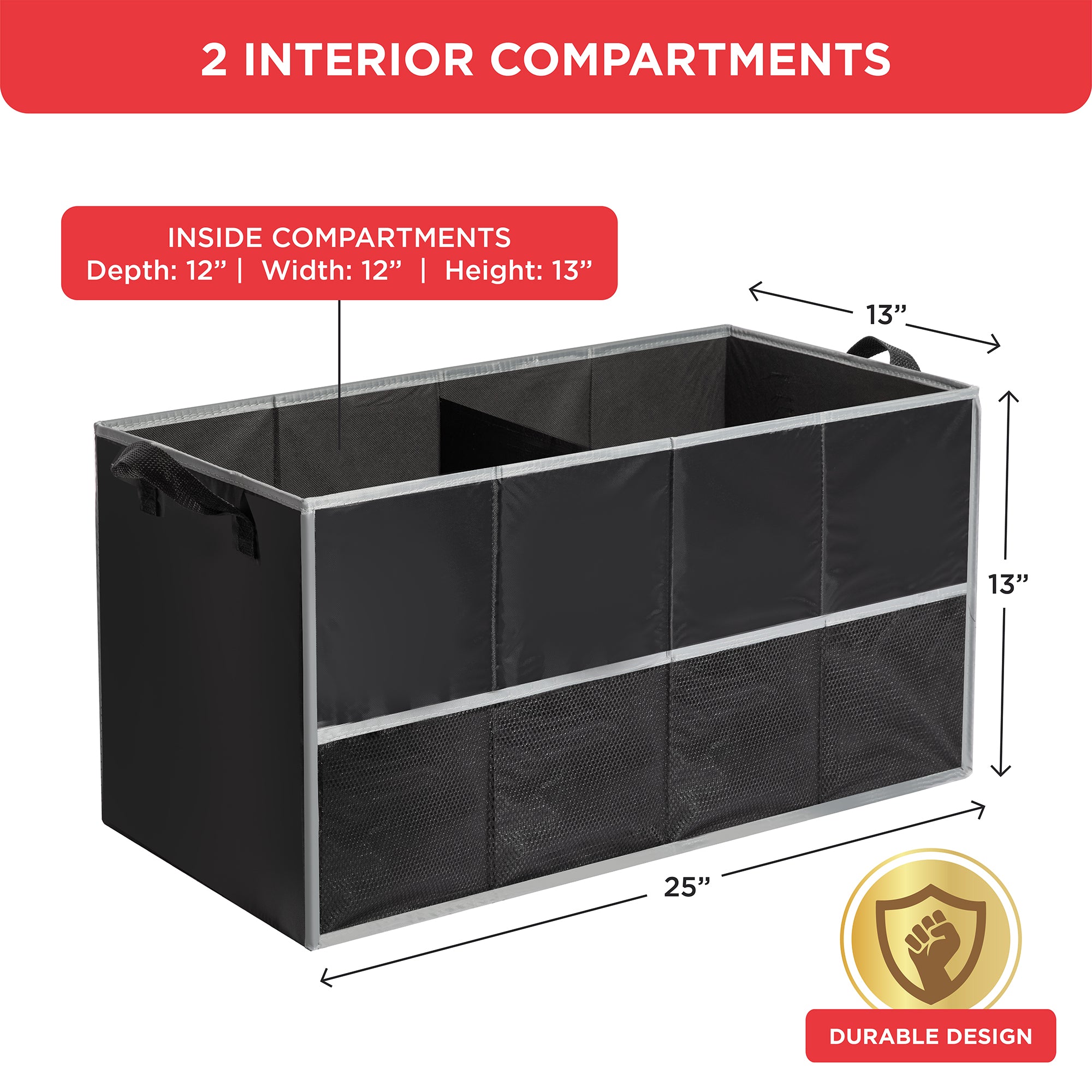 Auto Trunk organizer with 2 Large compartments, Handles, and Side Pockets – 25.5” L x 13” W x 13.25” H - Black