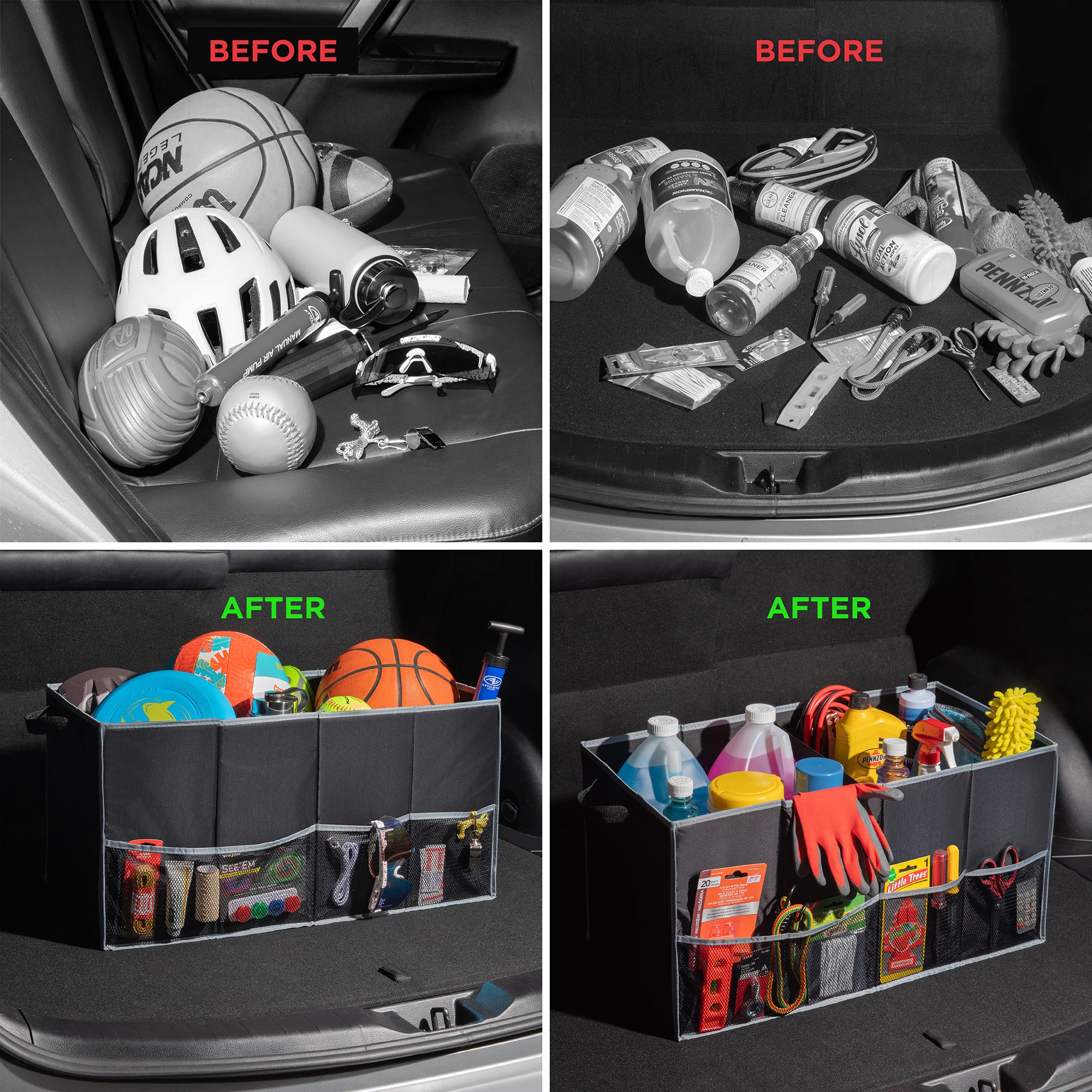 Auto Trunk organizer with 2 Large compartments, Handles, and Side Pockets – 25.5” L x 13” W x 13.25” H - Black