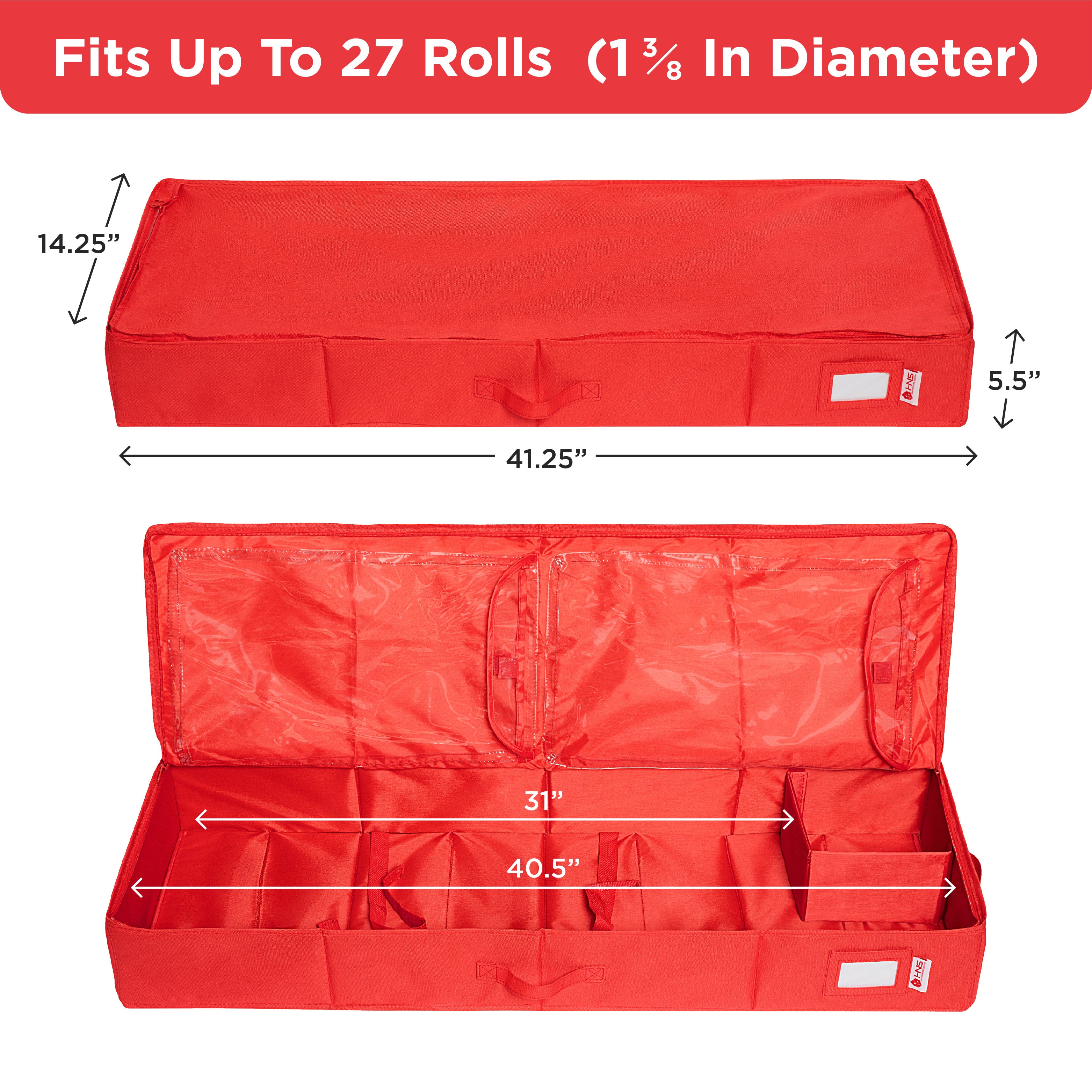 Wrapping Paper Storage Container – Up to 40” Rolls - Fits up to 27 Rolls 1 3/8” Diam. - Underbed Gift Wrap Organizer Bags, Wrapping Paper Rolls, Ribbon, and Bows - Under Bed- Tear-Resistant Durable Material 600D