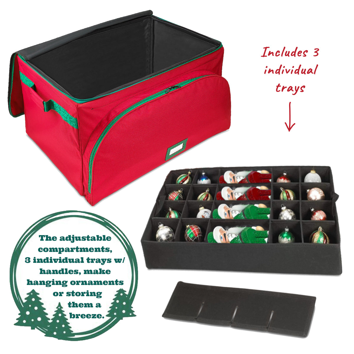 Christmas Ornament Storage Containers – Holds Up to 72- 4” ornaments Durable 600D Fabric - Adjustable Dividers - 3 Individual Trays – Metal Frame