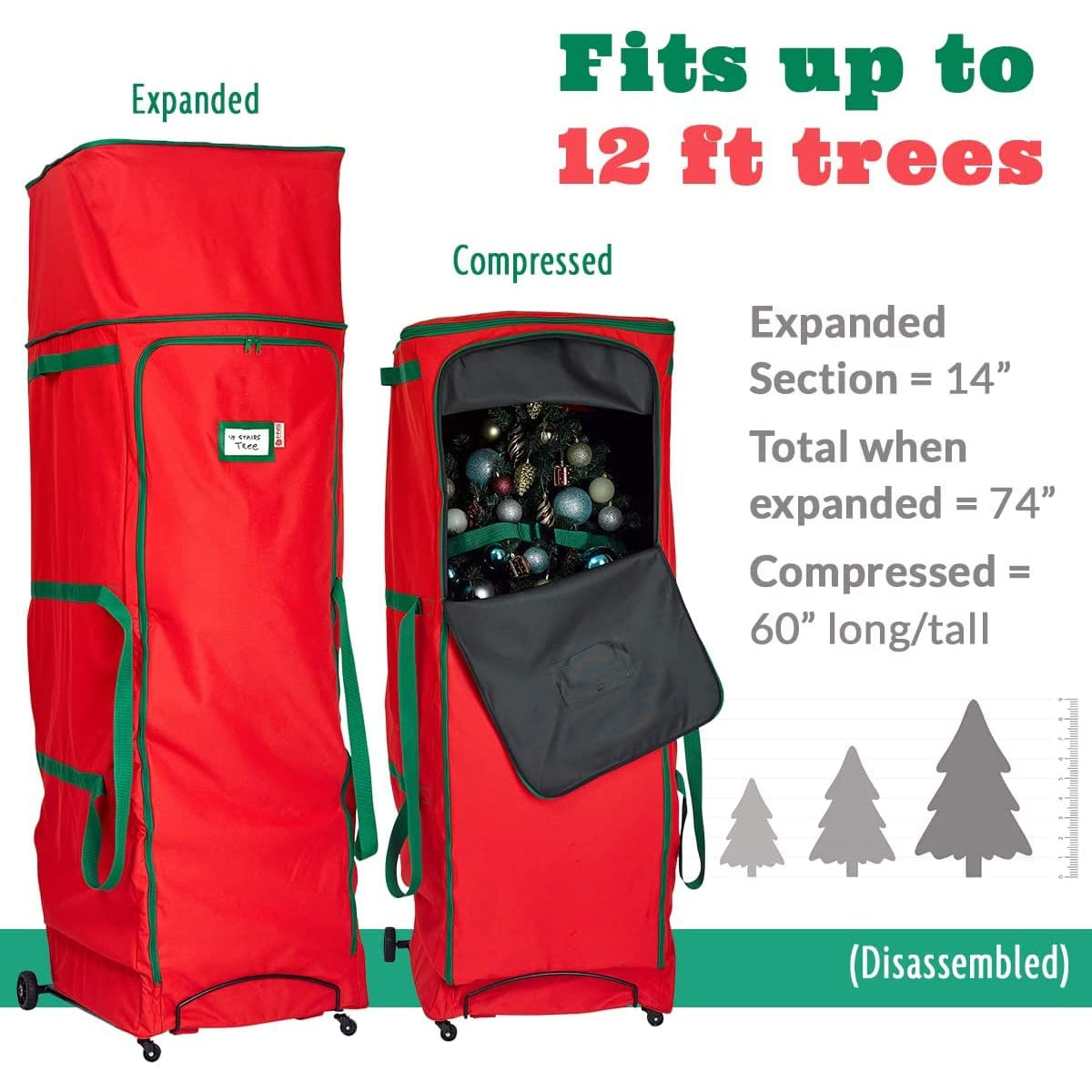 HOLDN’ STORAGE Rolling Christmas Tree Storage Bag with Wheels XXL - Fits Up to 12 Feet Artificial Tree, Heavy Duty Durable 600D Extra Large Tree Storage Bag - Tree and Garland Bag.