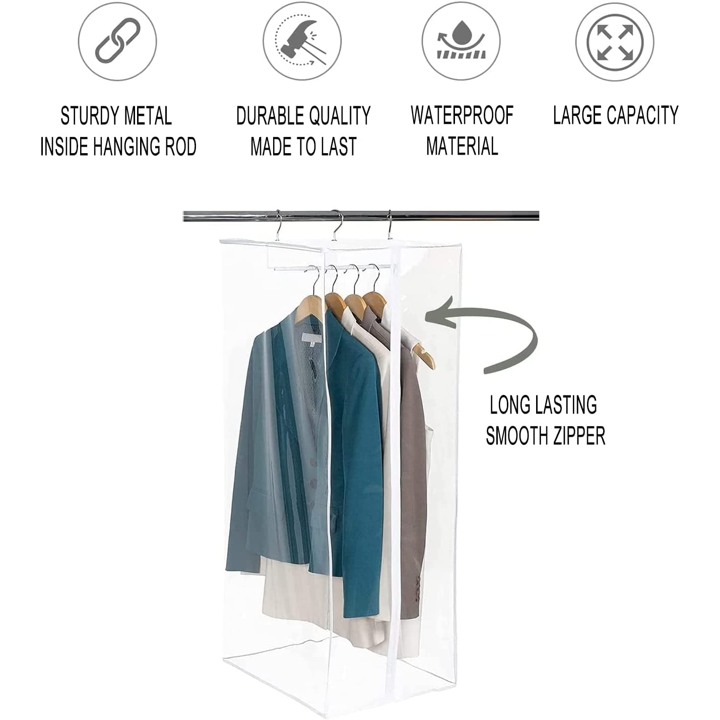 Garment Bag - Clear Hanging Closet Organizer - Durable Zippered Cover with Rod Protects Dresses, Suits, and Jackets from Dust and Moist- Top Metal Frame to Keep All Your Stuff in Shape- 42" x 20" x 15
