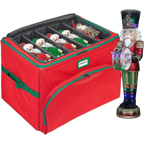 Christmas Ornament Storage Box - Holds Up to 72 Ornaments 4” x 4” Adjustable Compartments for Figurines, Nutcrackers, etc. - 600D/ Inside PVC Material