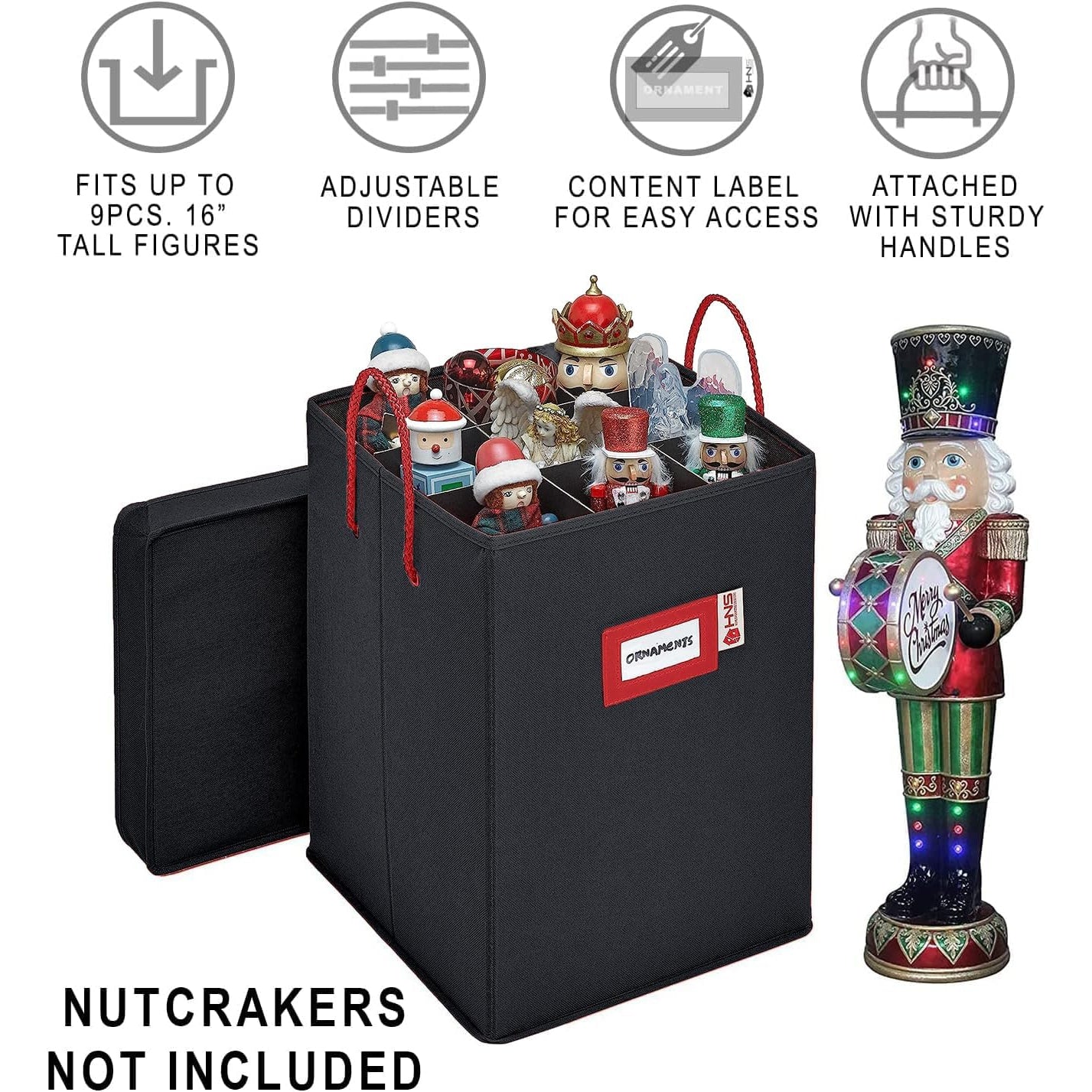 Christmas Nutcracker and Figurine Collectible Storage Box - Stores Up to 9 - 16-inch Tall Nutcrackers, Ornaments, and More - With Adjustable Dividers