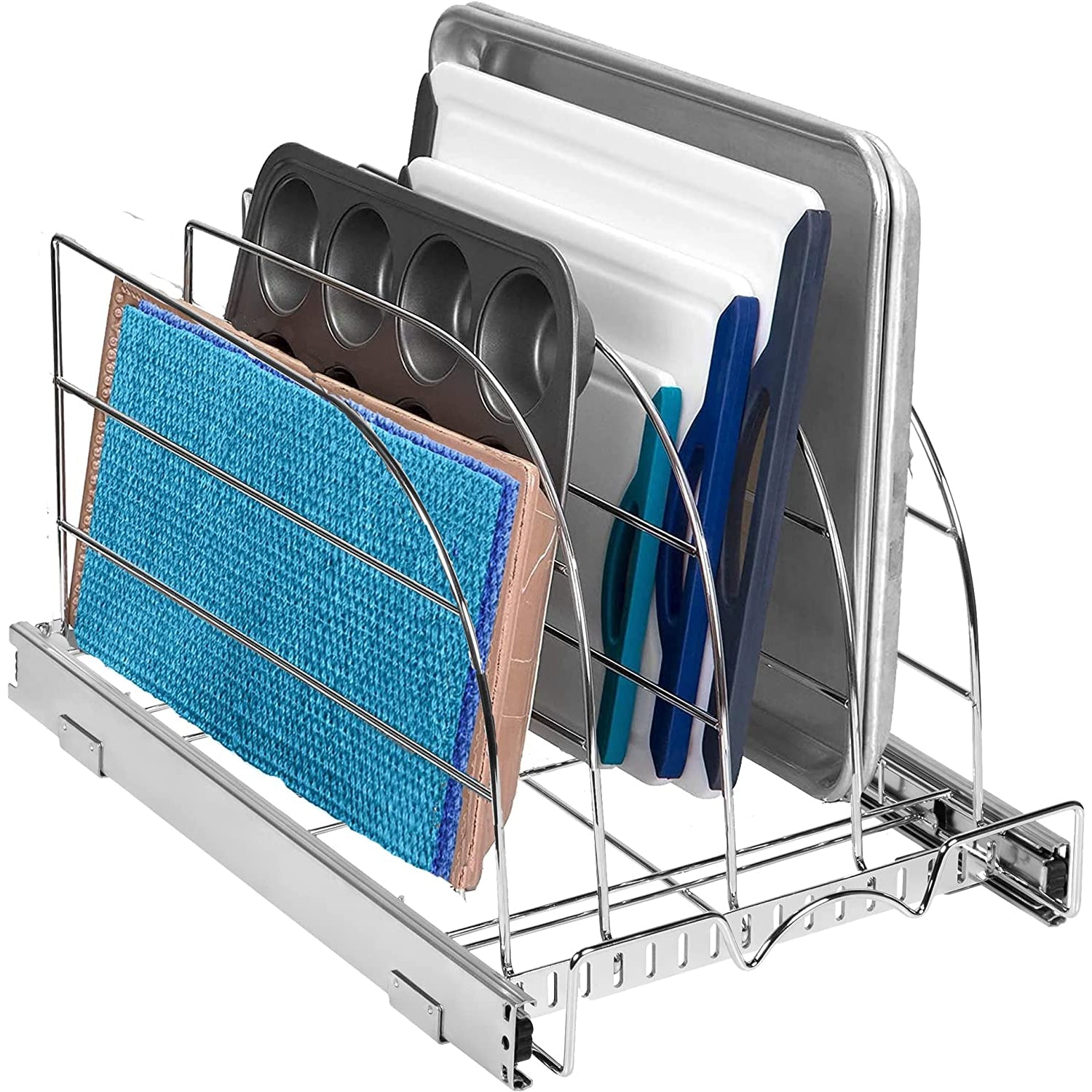 Pull Out Organizer for Cookie Sheet, Cutting Board, Bakeware, and Tray, Sliding Rack- Heavy Duty-5 Year Limited Warranty - for Under Sink / Under Cabinet, , Chrome