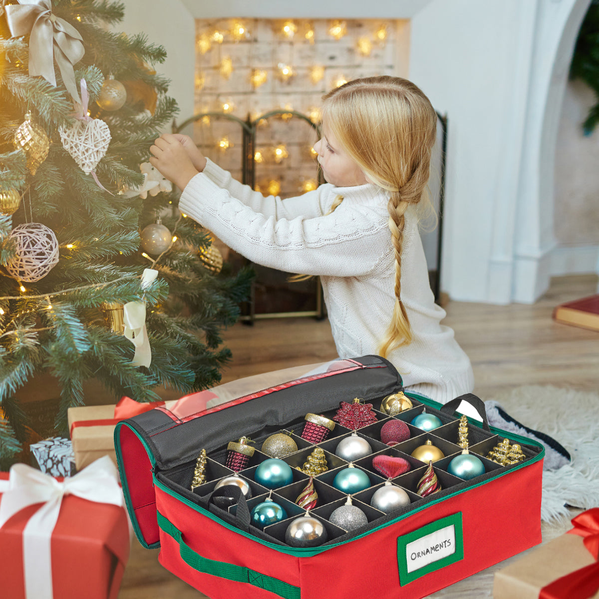 Underbed Christmas Ornament Storage Container - Holds up to 48-3" Ornaments – Two Individual Removable Trays w/ Adjustable Dividers to Fit Many Sizes Ornaments Heavy-Duty 600D Ornaments Storage Box