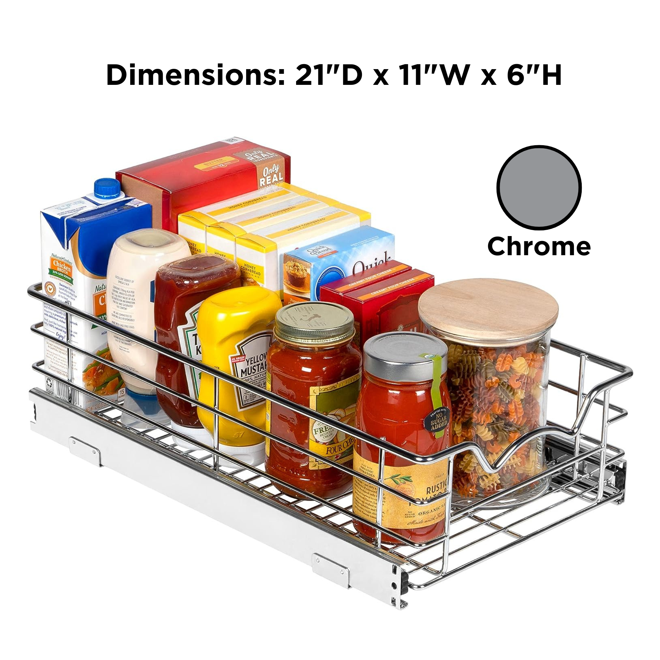 Pull Out Cabinet Organizer - Pantry Drawer Slide Out Caddy with Heavy Gauge Metal Wire, Anti-Rust Chrome Finish