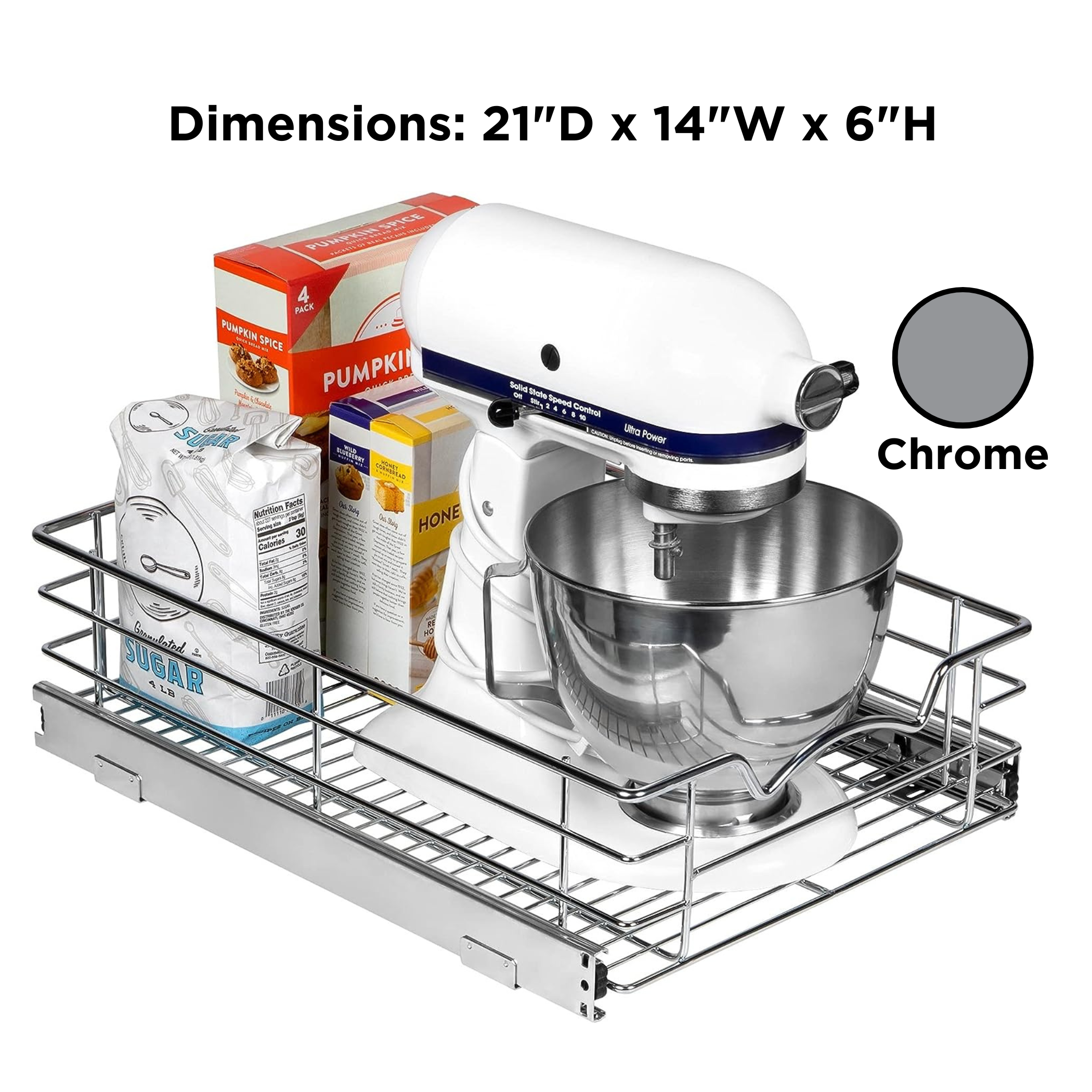 Pull Out Cabinet Organizer - Pantry Drawer Slide Out Caddy with Heavy Gauge Metal Wire, Anti-Rust Chrome Finish