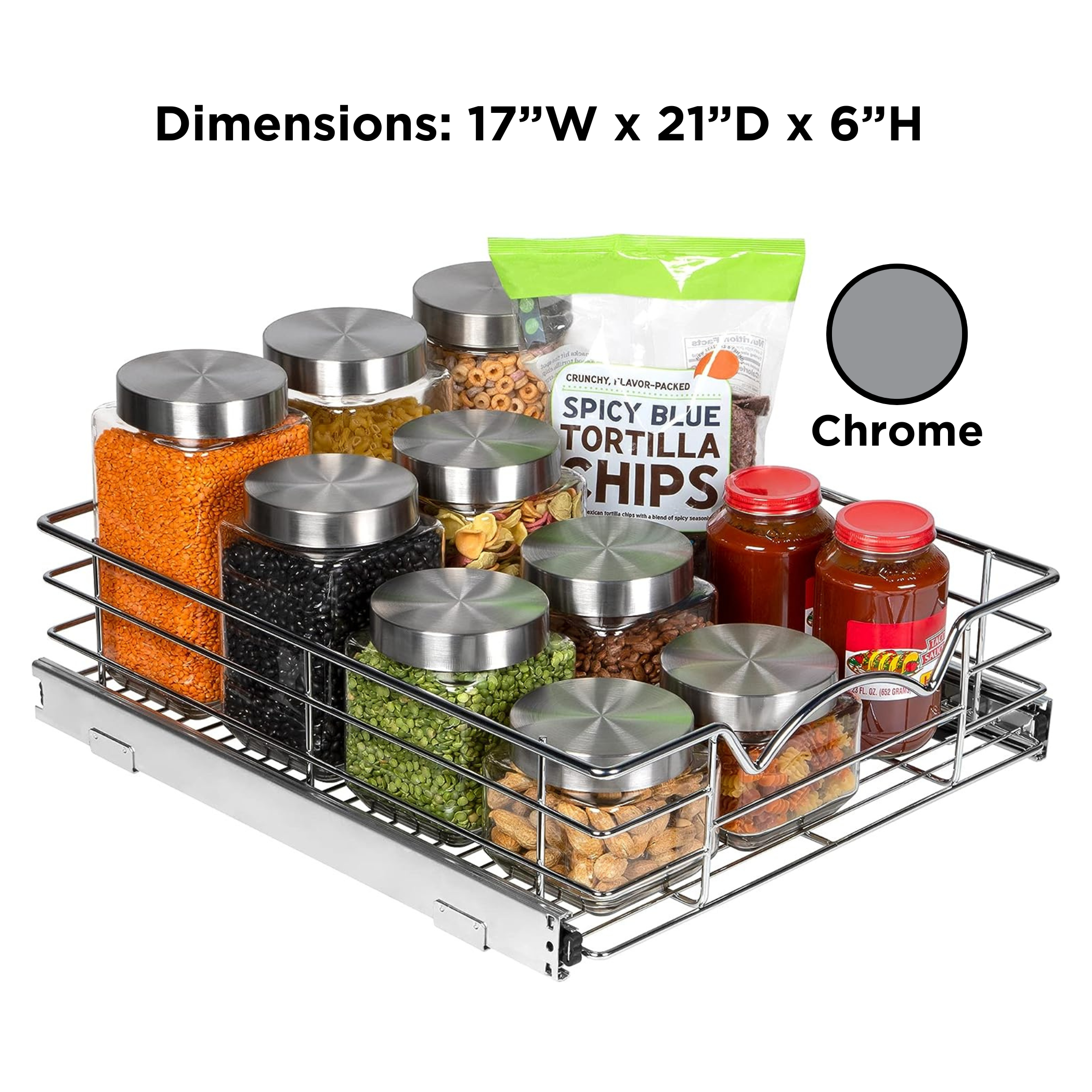 Pull Out Cabinet Organizer - Pantry Drawer Slide Out Caddy with Heavy Gauge Metal Wire, Anti-Rust Chrome Finish