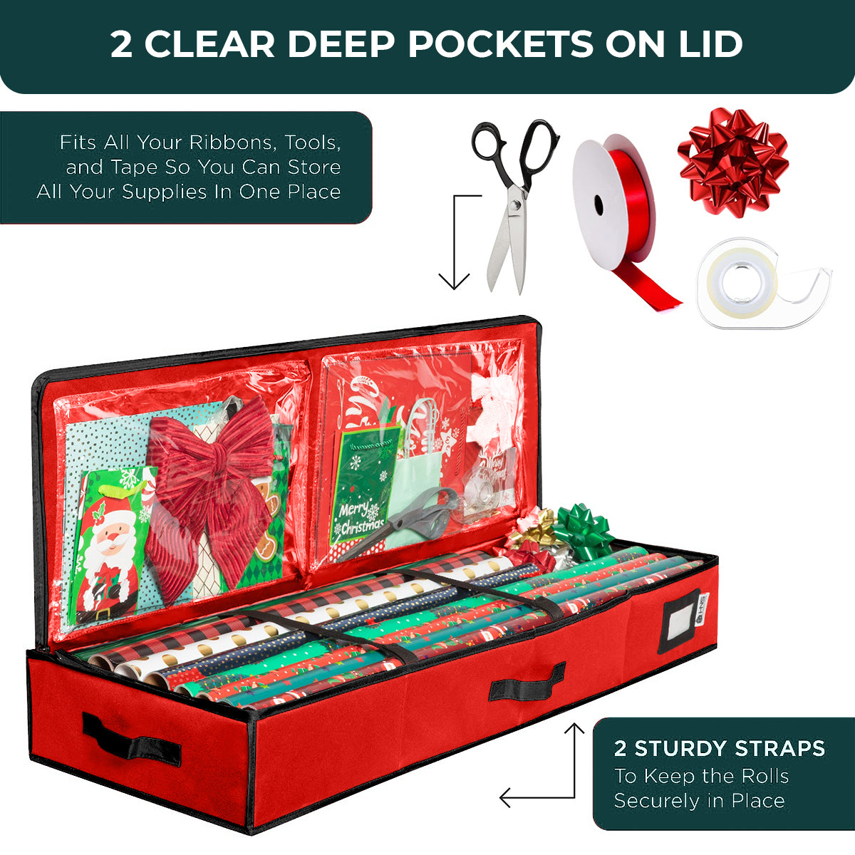 Premium Wrapping Paper Storage Container -Durable Material 600D tear-proof - Fits up to 27 Paper Rolls -Extra Pockets for Ribbons & Bows. Underbed Gift Wrap Organizer, Ideal for Holiday Christmas, etc