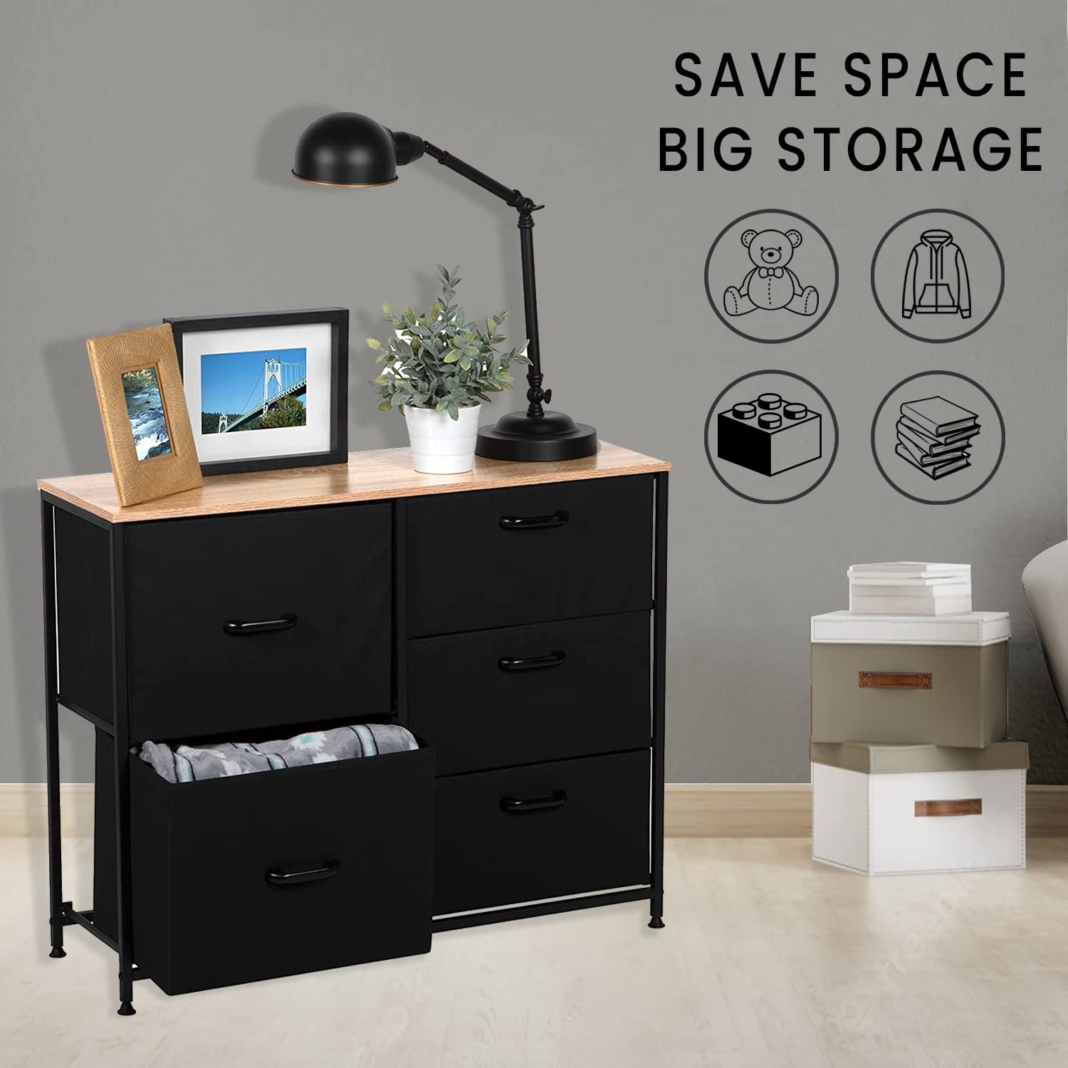 Fabric Dresser – 5 Drawers for Clothes, Toys, etc. – Durable Handles, 2 Big Drawers, 3 Smaller Clothes Drawers – Perfect for College Dorm Room, Home, Office, Nursery - Closet Dresser – Kids Dresser