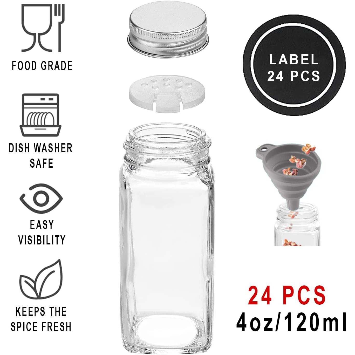 24 Pcs Glass Spice Jars/Bottles - 4Oz Empty Square Spice