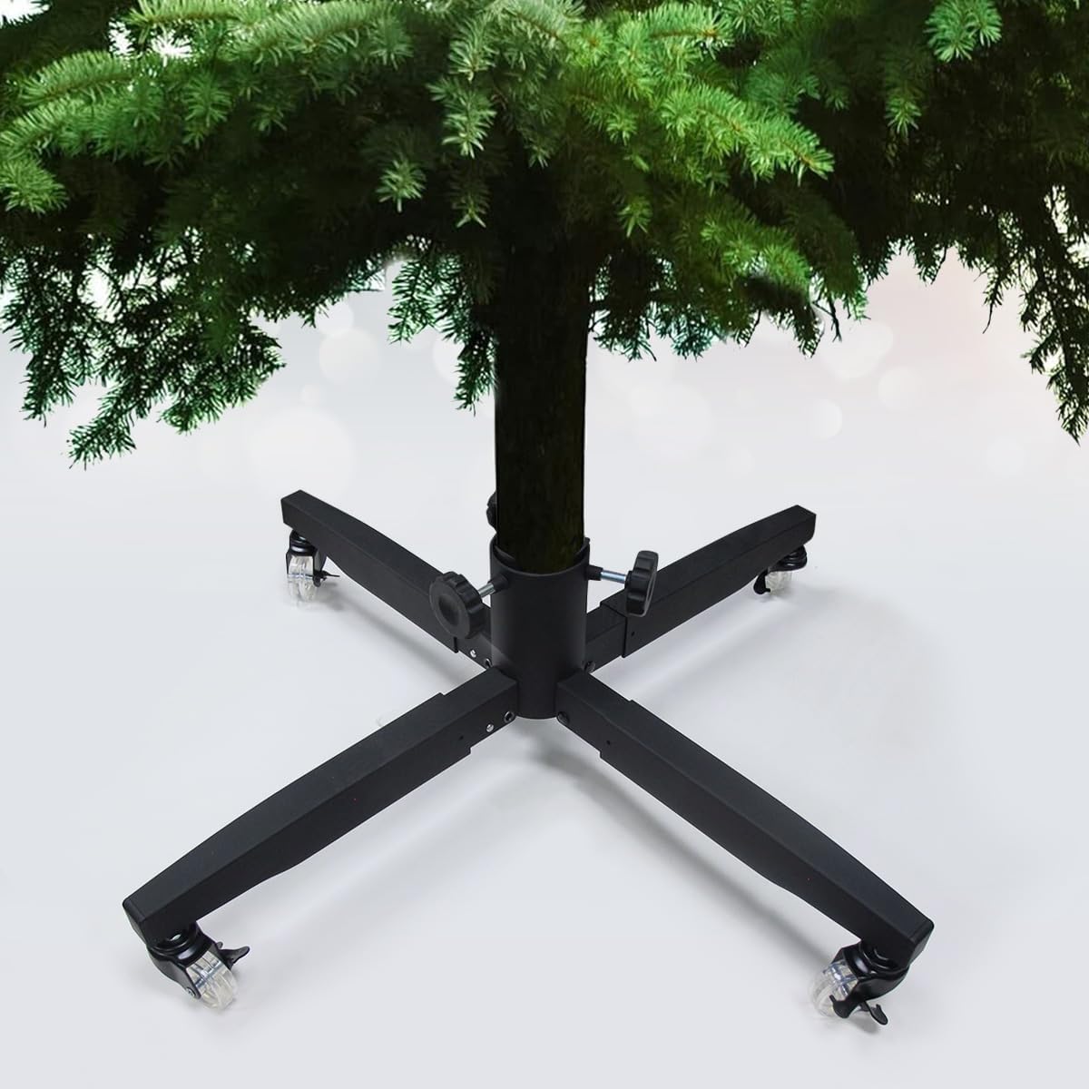 Metal Rolling Christmas Tree Stand with Heavy-Duty Caster Wheels - Holds up to 12-Foot-Tall Xmas Trees with Adjustable Base - Compatible with Most Upright Tree