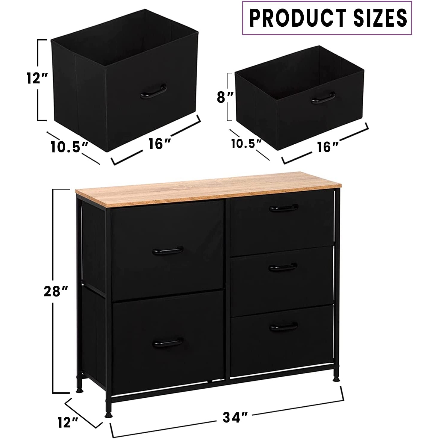 Fabric Dresser – 5 Drawers for Clothes, Toys, etc. – Durable Handles, 2 Big Drawers, 3 Smaller Clothes Drawers – Perfect for College Dorm Room, Home, Office, Nursery - Closet Dresser – Kids Dresser
