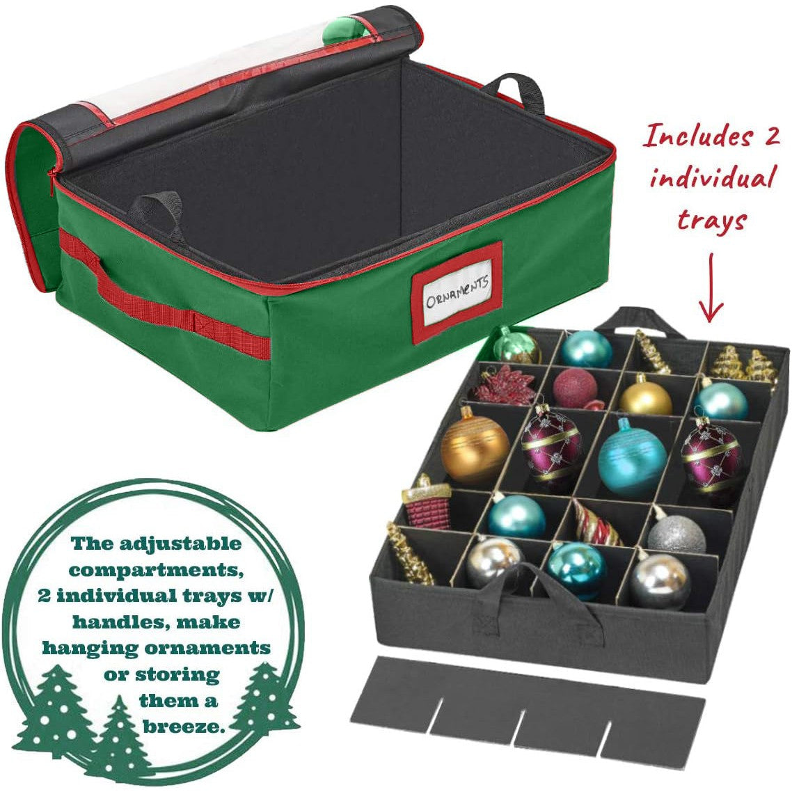 Underbed Christmas Ornament Storage Container - Holds up to 48-3" Ornaments – Two Individual Removable Trays w/ Adjustable Dividers to Fit Many Sizes Ornaments Heavy-Duty 600D Ornaments Storage Box