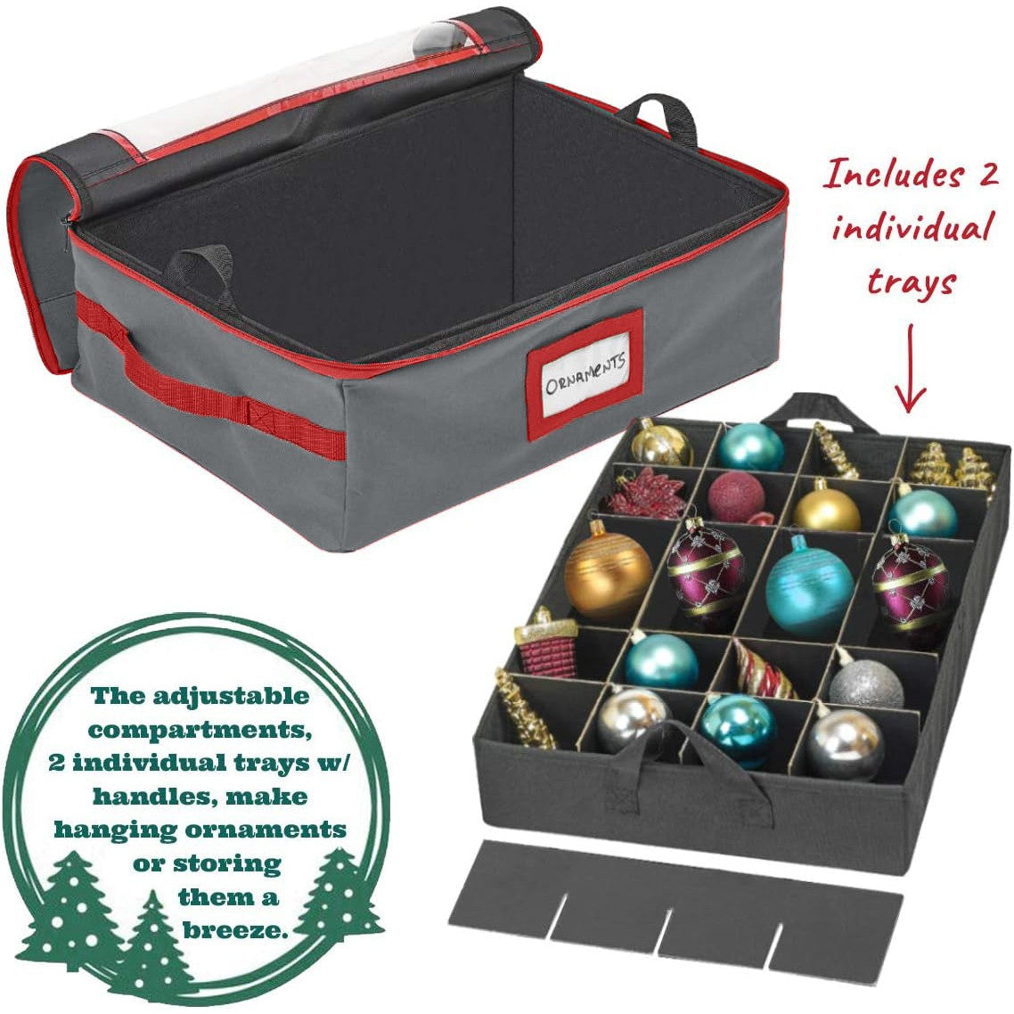 Underbed Christmas Ornament Storage Container - Holds up to 48-3" Ornaments – Two Individual Removable Trays w/ Adjustable Dividers to Fit Many Sizes Ornaments Heavy-Duty 600D Ornaments Storage Box