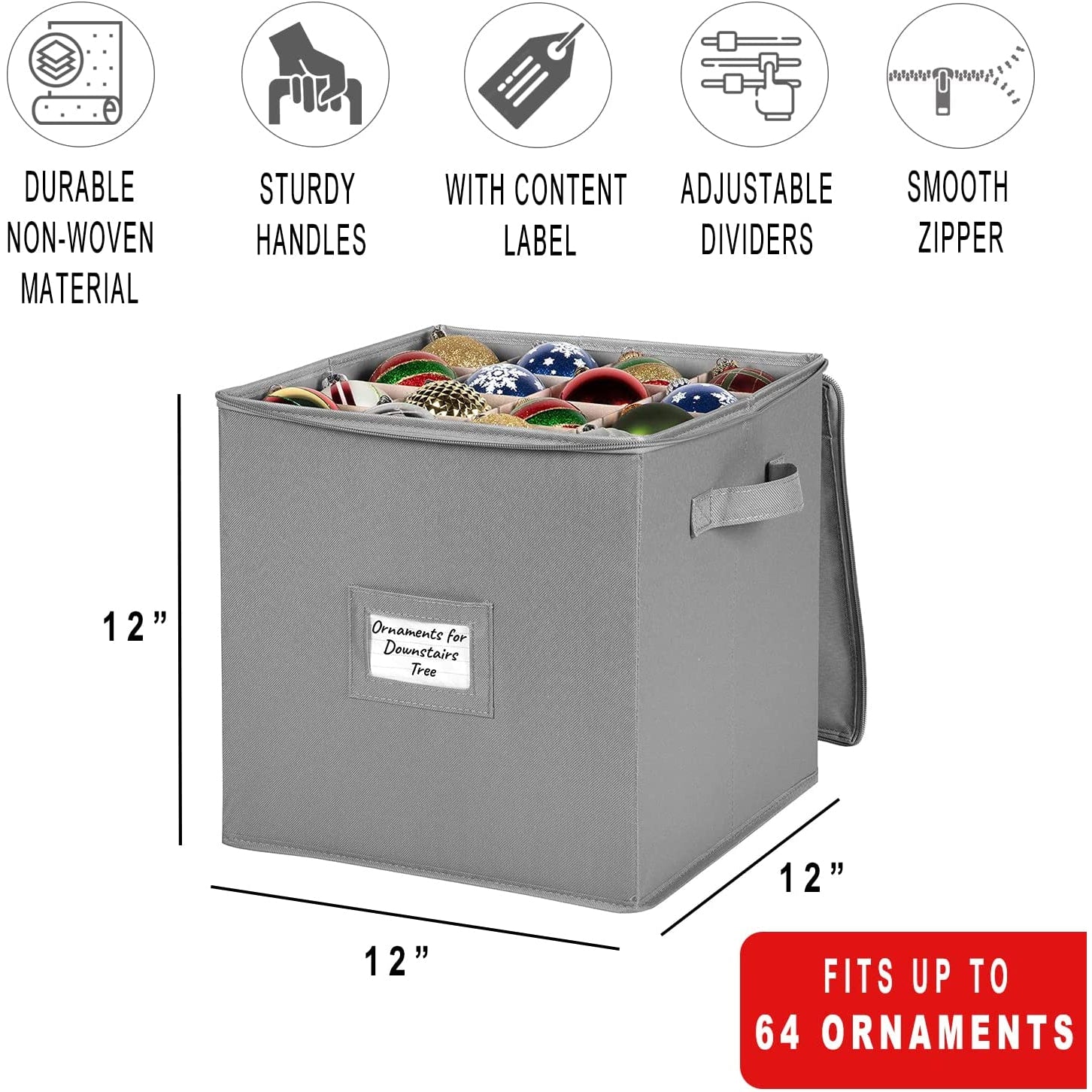 Christmas Ornament Storage Box - Stores up to 64 – 3” x 3” Holiday Xmas Ornaments – Adjustable Compartment To Fit Many Sizes Ornaments