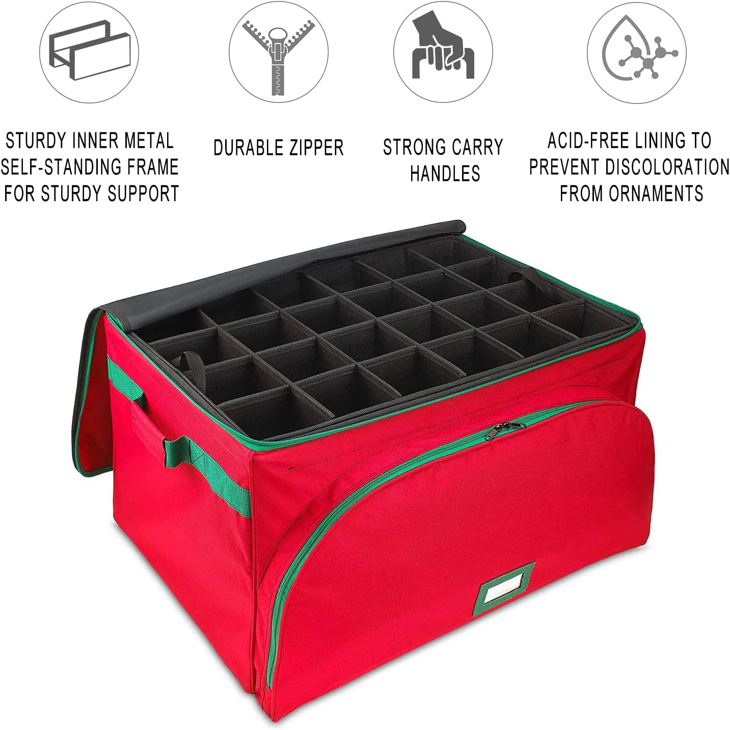Christmas Ornament Storage Containers – Holds Up to 72- 4” ornaments Durable 600D Fabric - Adjustable Dividers - 3 Individual Trays – Metal Frame