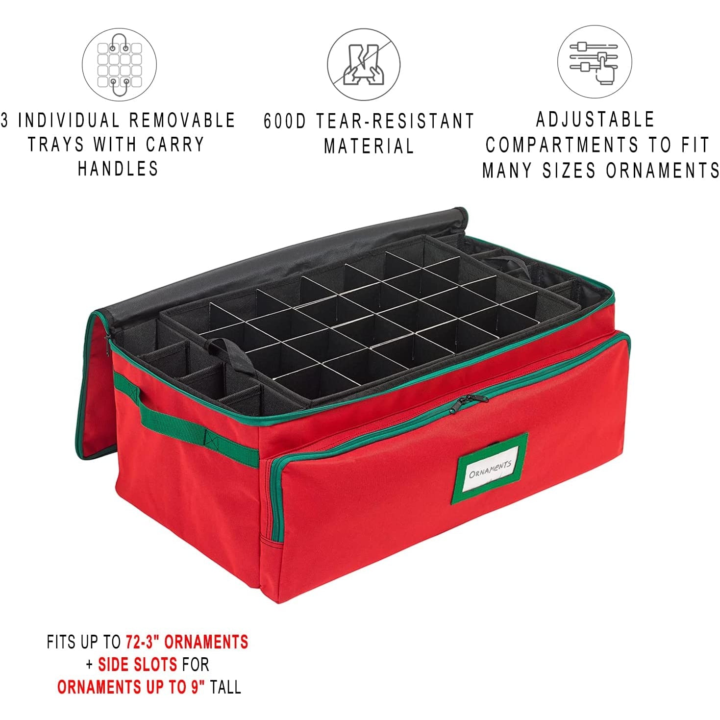 Christmas Ornament Storage Box - Hold Up to 72 - 3 Inch Ornaments, + 8 Side Slots for Figurines, Nutcrackers, etc. Decoration Organizer - 600D Canvas.