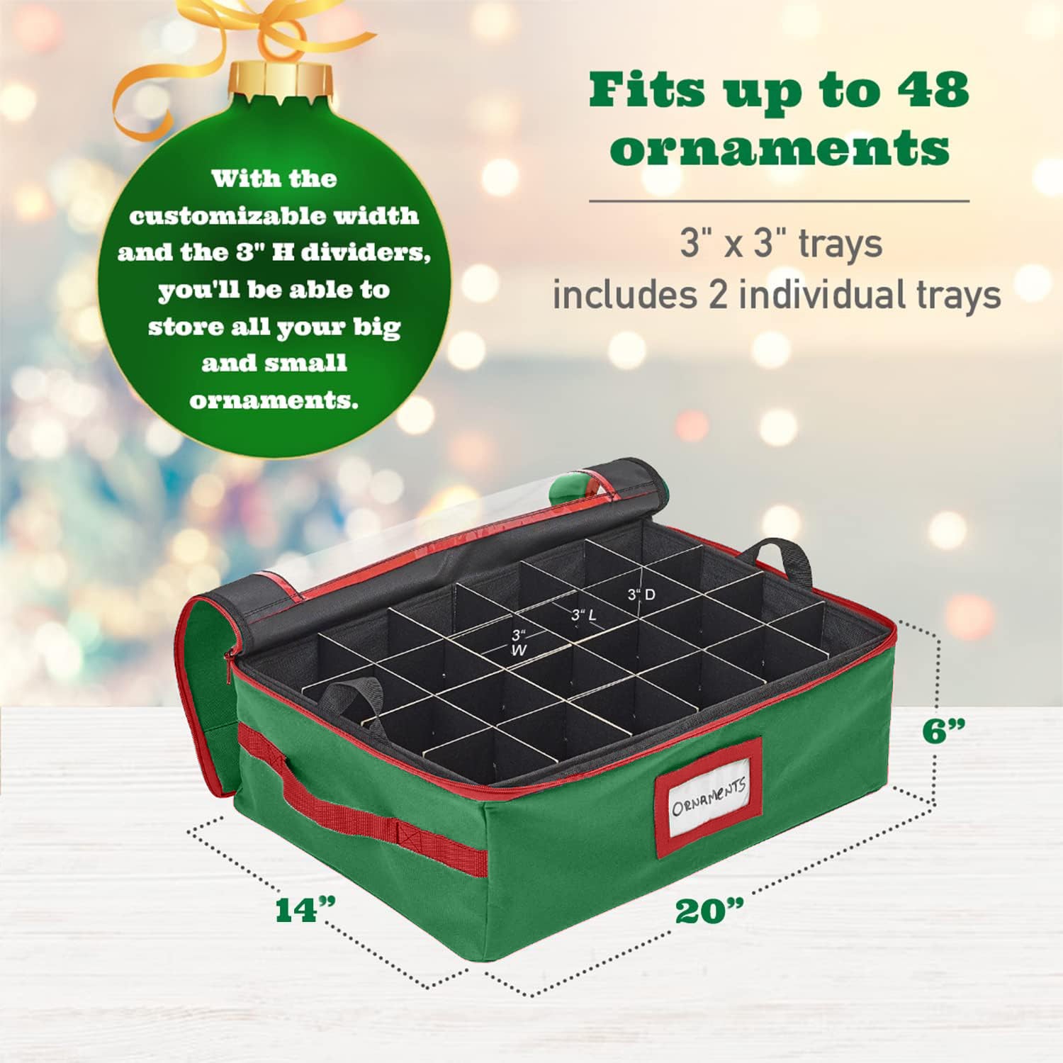 Underbed Christmas Ornament Storage Container - Holds up to 48-3" Ornaments – Two Individual Removable Trays w/ Adjustable Dividers to Fit Many Sizes Ornaments Heavy-Duty 600D Ornaments Storage Box