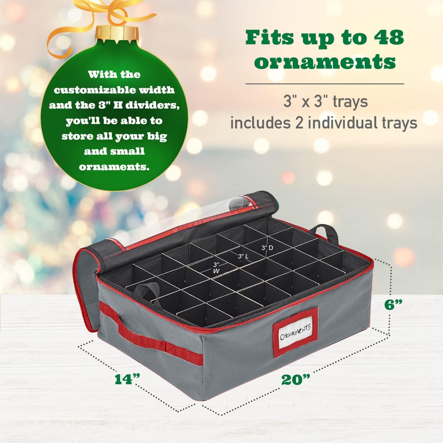 Underbed Christmas Ornament Storage Container - Holds up to 48-3" Ornaments – Two Individual Removable Trays w/ Adjustable Dividers to Fit Many Sizes Ornaments Heavy-Duty 600D Ornaments Storage Box