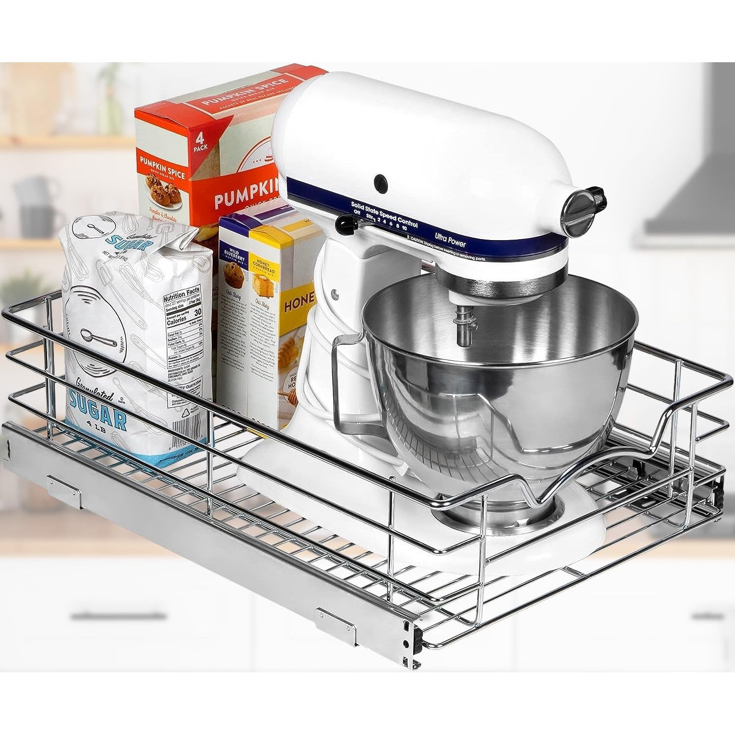 Pull Out Cabinet Organizer - Pantry Drawer Slide Out Caddy with Heavy Gauge Metal Wire, Anti-Rust Chrome Finish