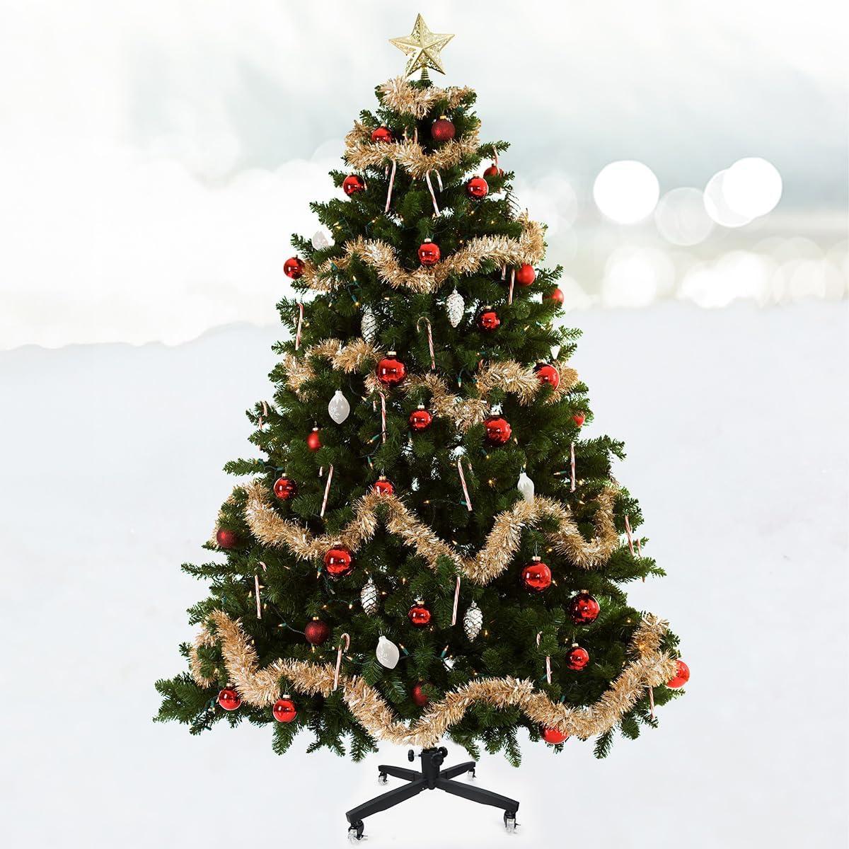 Metal Rolling Christmas Tree Stand with Heavy-Duty Caster Wheels - Holds up to 12-Foot-Tall Xmas Trees with Adjustable Base - Compatible with Most Upright Tree