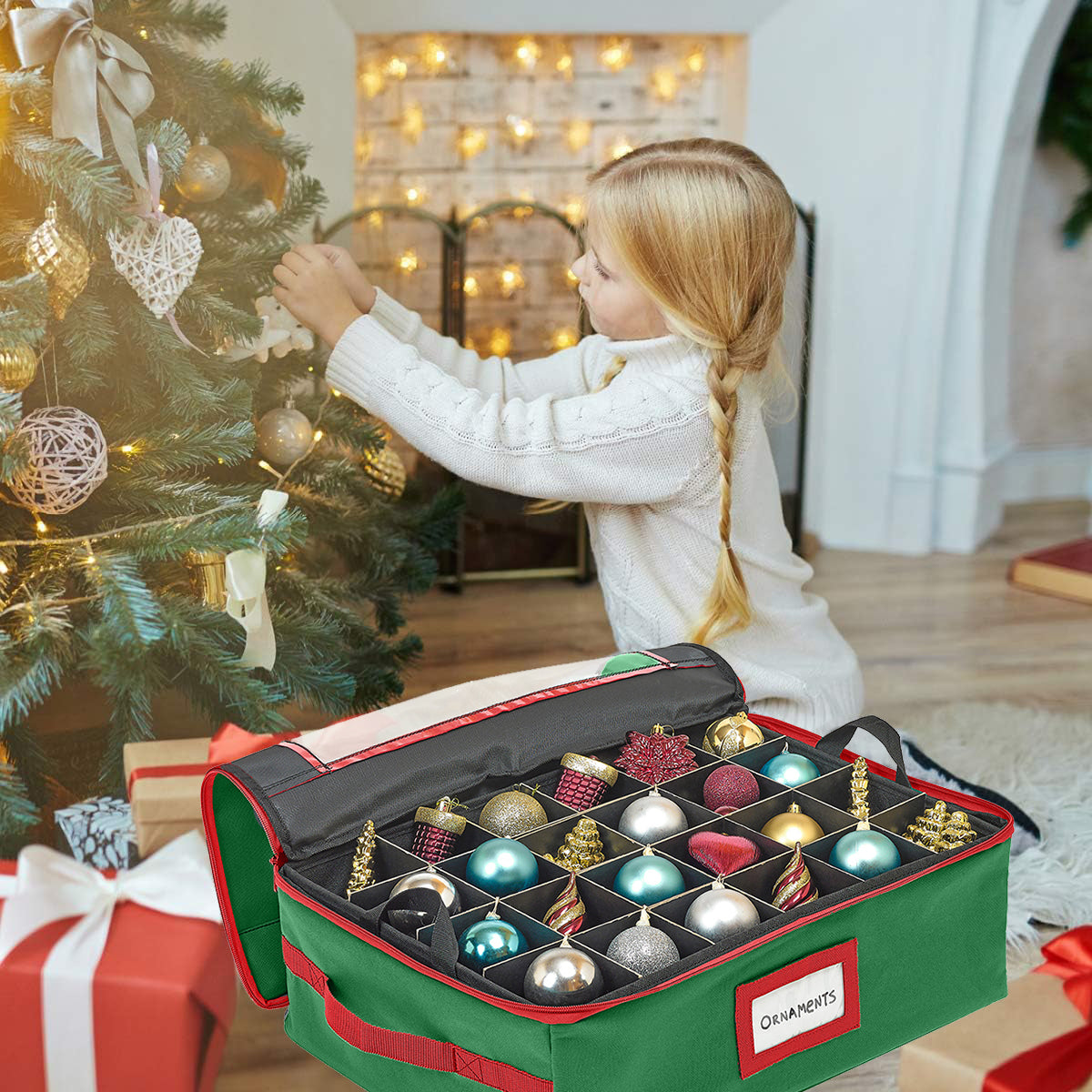 Underbed Christmas Ornament Storage Container - Holds up to 48-3" Ornaments – Two Individual Removable Trays w/ Adjustable Dividers to Fit Many Sizes Ornaments Heavy-Duty 600D Ornaments Storage Box