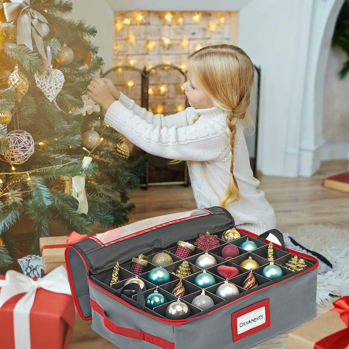 Underbed Christmas Ornament Storage Container - Holds up to 48-3" Ornaments – Two Individual Removable Trays w/ Adjustable Dividers to Fit Many Sizes Ornaments Heavy-Duty 600D Ornaments Storage Box
