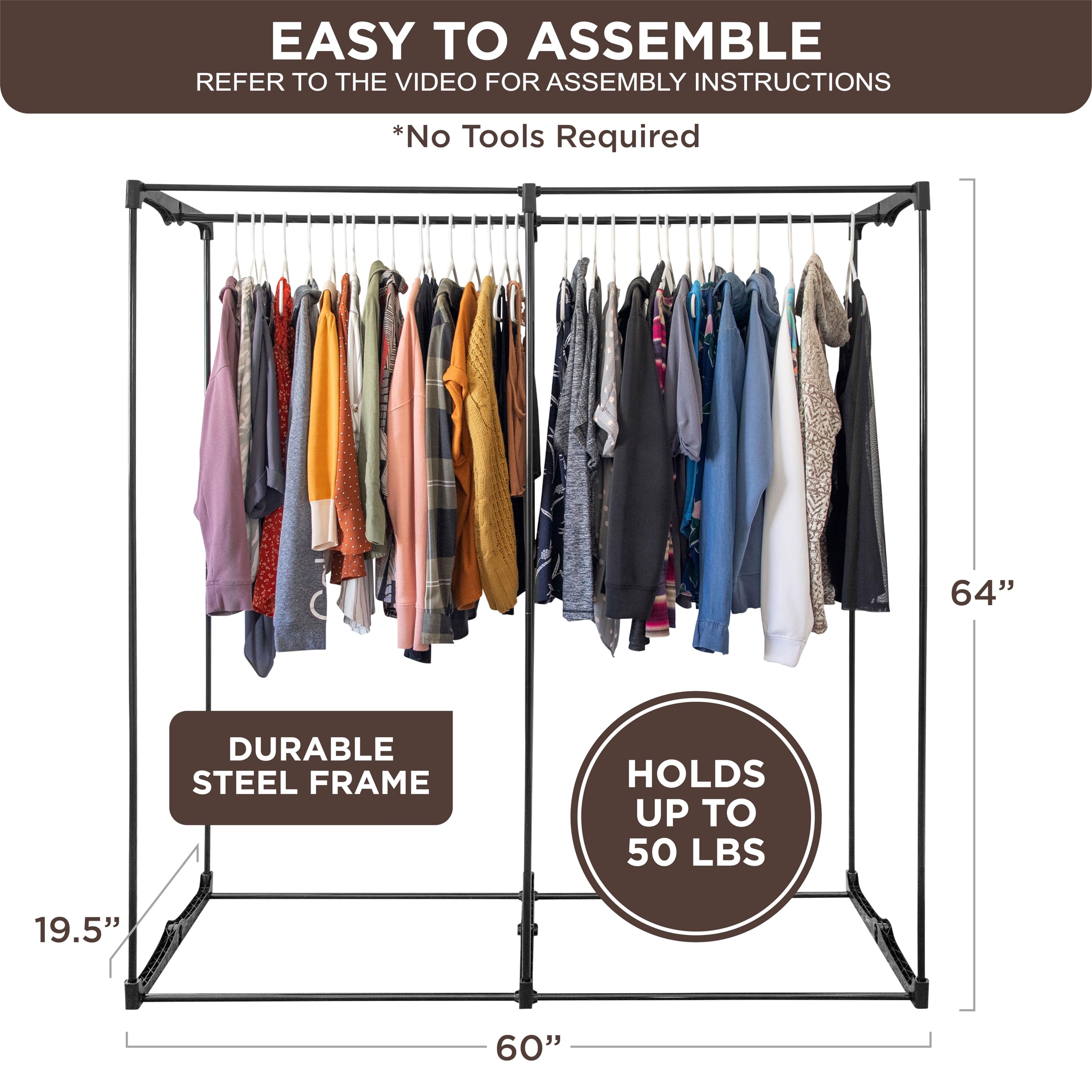 Portable Wardrobe Closet, Heavy Duty Hanging Rod with 50 Lb. Weight Capacity, Super Easy Assembly, No Tools Required