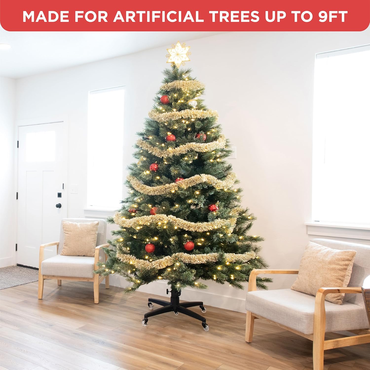 Rolling Christmas Tree Stand for up to 9 Foot Artificial Trees with Casters and Adjustable Base - Compatible with Most Upright Tree – Up to 120 lbs