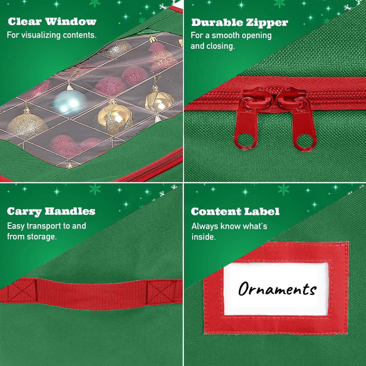 Underbed Christmas Ornament Storage Container - Holds up to 48-3" Ornaments – Two Individual Removable Trays w/ Adjustable Dividers to Fit Many Sizes Ornaments Heavy-Duty 600D Ornaments Storage Box