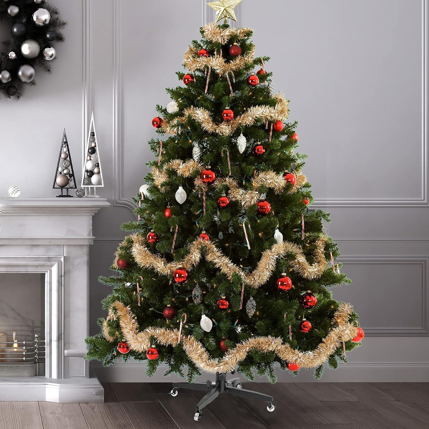 Metal Rolling Christmas Tree Stand with Heavy-Duty Caster Wheels - Holds up to 12-Foot-Tall Xmas Trees with Adjustable Base - Compatible with Most Upright Tree