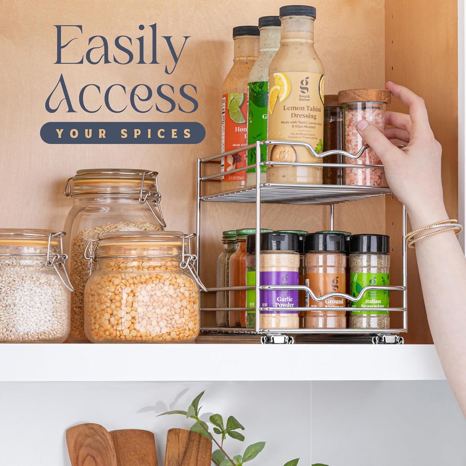 Pull Out Cabinet Organizer for Spices, Cans 2 Tier - Heavy Duty with Lifetime Limited Warranty