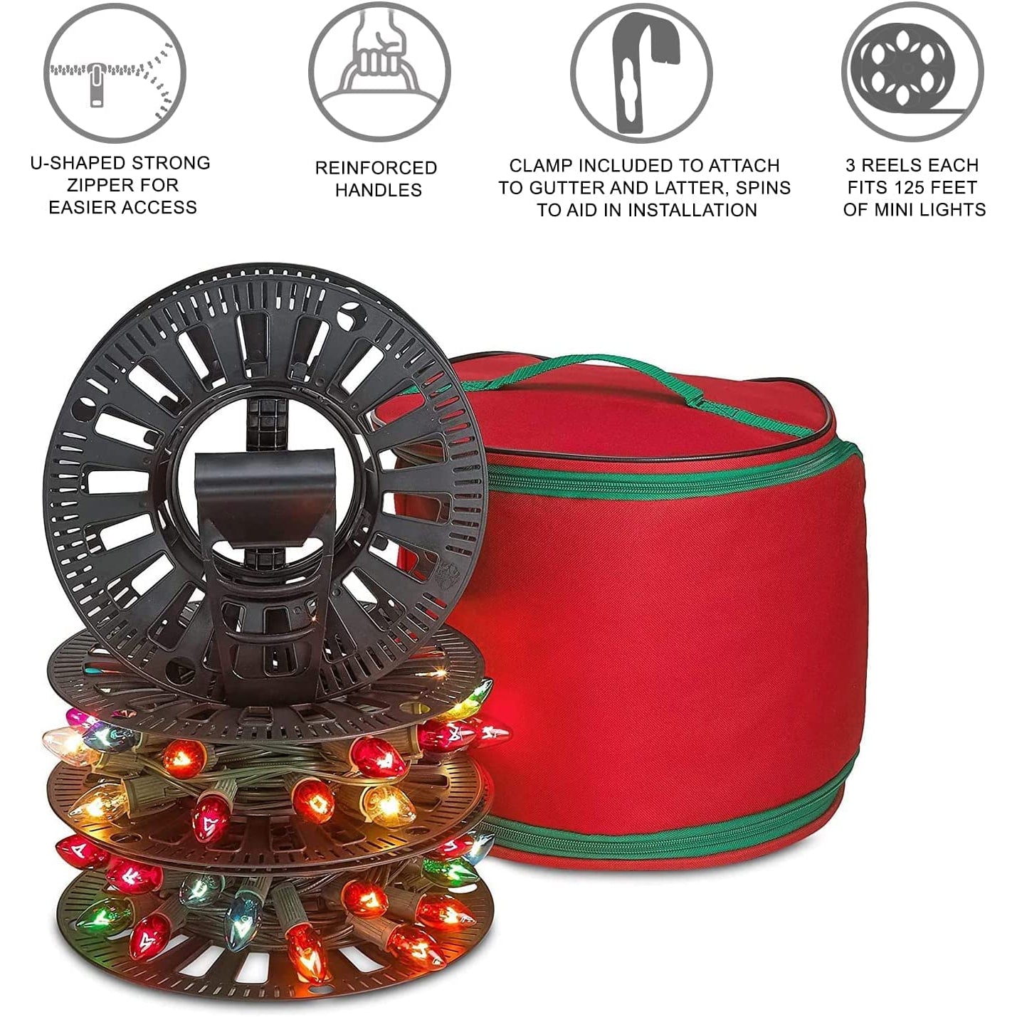 Premium Christmas Light Storage Bag – Heavy Duty Tear Proof 600D/Inside PVC Material with Reinforced Handles - With 3 Reels Stores up to 375 Ft of Mini Christmas Tree Lights & Extension Cords