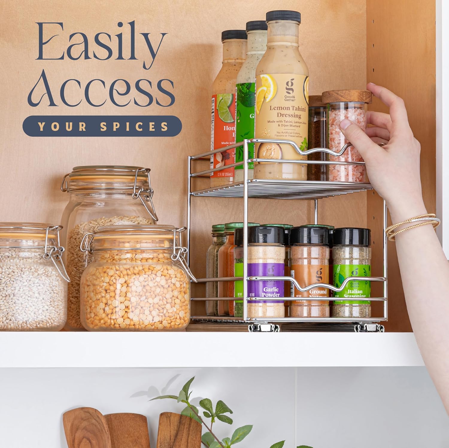 Pull Out Cabinet Organizer for Spices, Cans 2 Tier - Heavy Duty with Lifetime Limited Warranty