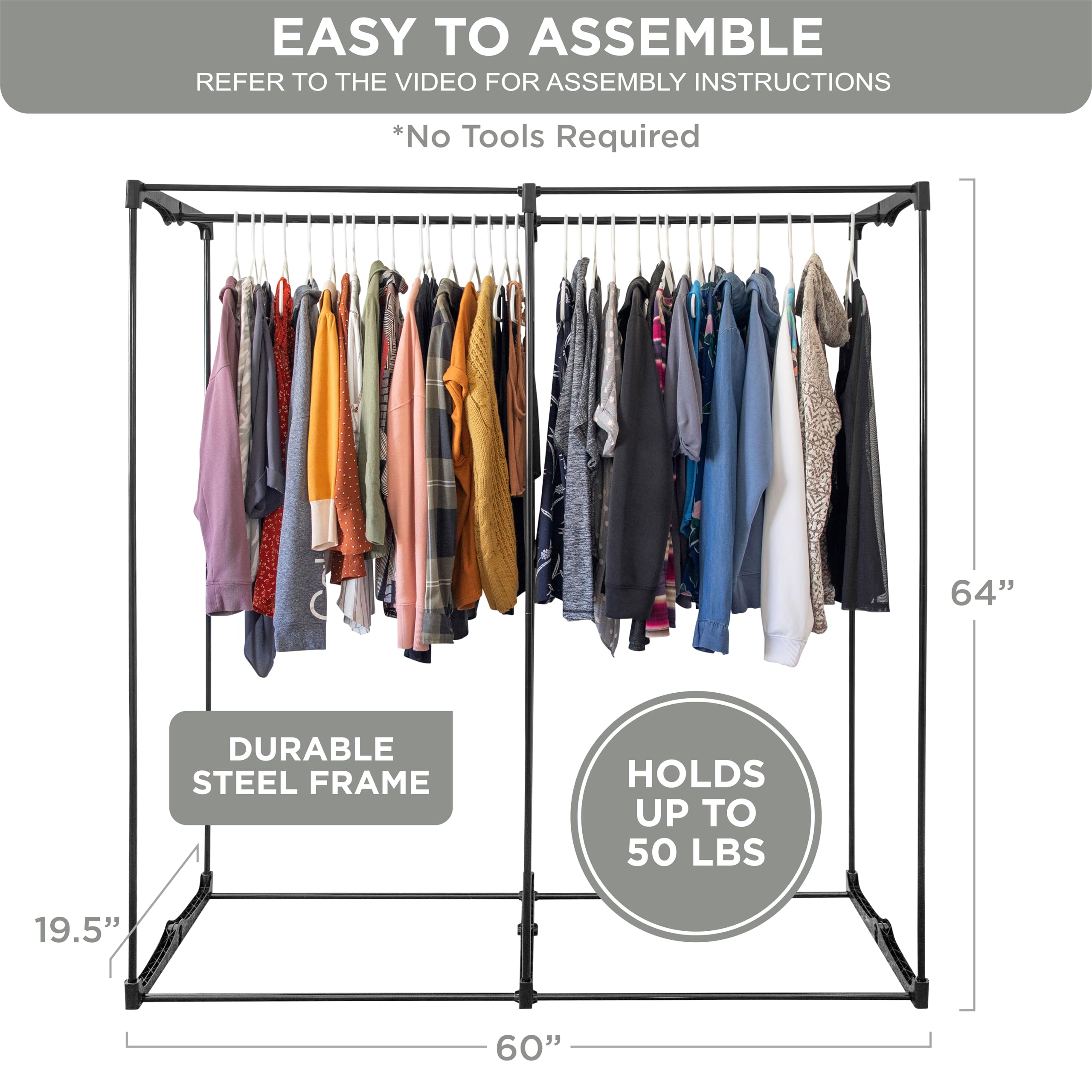 Portable Wardrobe Closet, Heavy Duty Hanging Rod with 50 Lb. Weight Capacity, Super Easy Assembly, No Tools Required