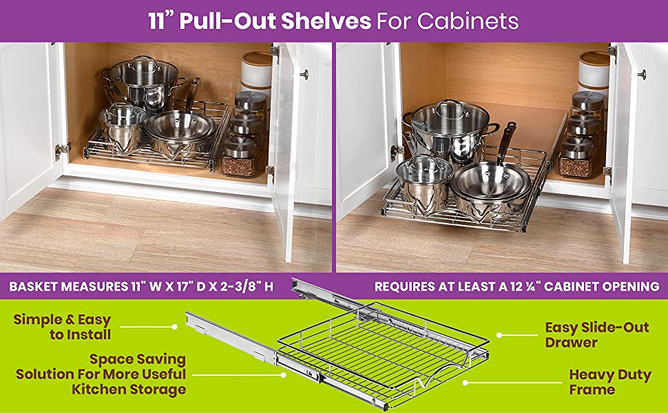 Hold N' Storage Pull Out Cabinet Organizer Sliding Drawer Kitchen Storage 14W x 21D, Silver