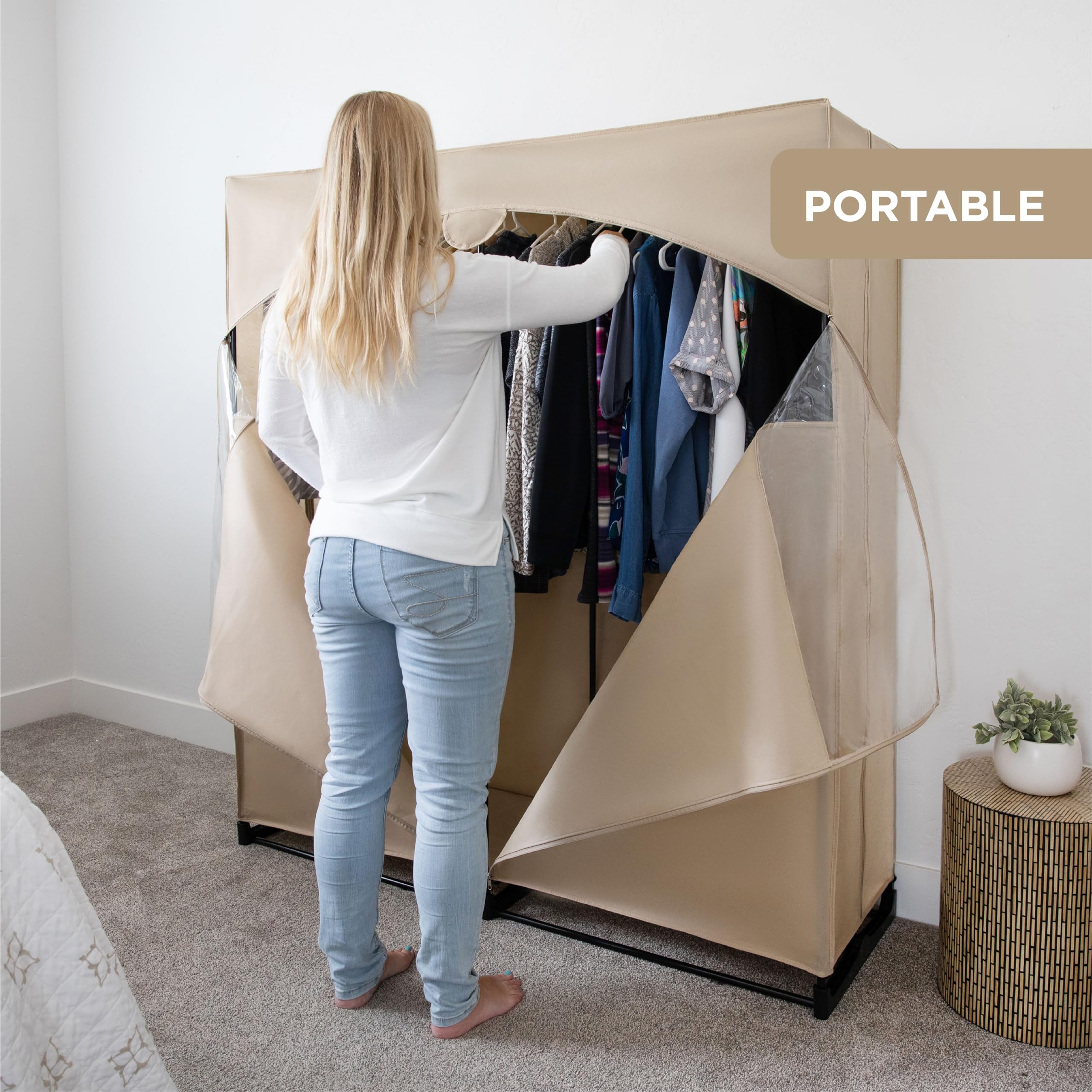 Portable Wardrobe Closet, Heavy Duty Hanging Rod with 50 Lb. Weight Capacity, Super Easy Assembly, No Tools Required