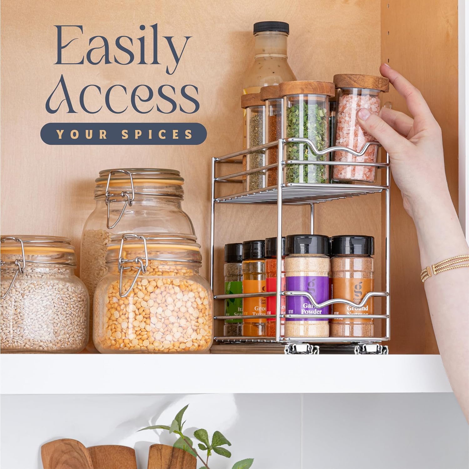 Pull Out Cabinet Organizer for Spices, Cans 2 Tier - Heavy Duty with Lifetime Limited Warranty