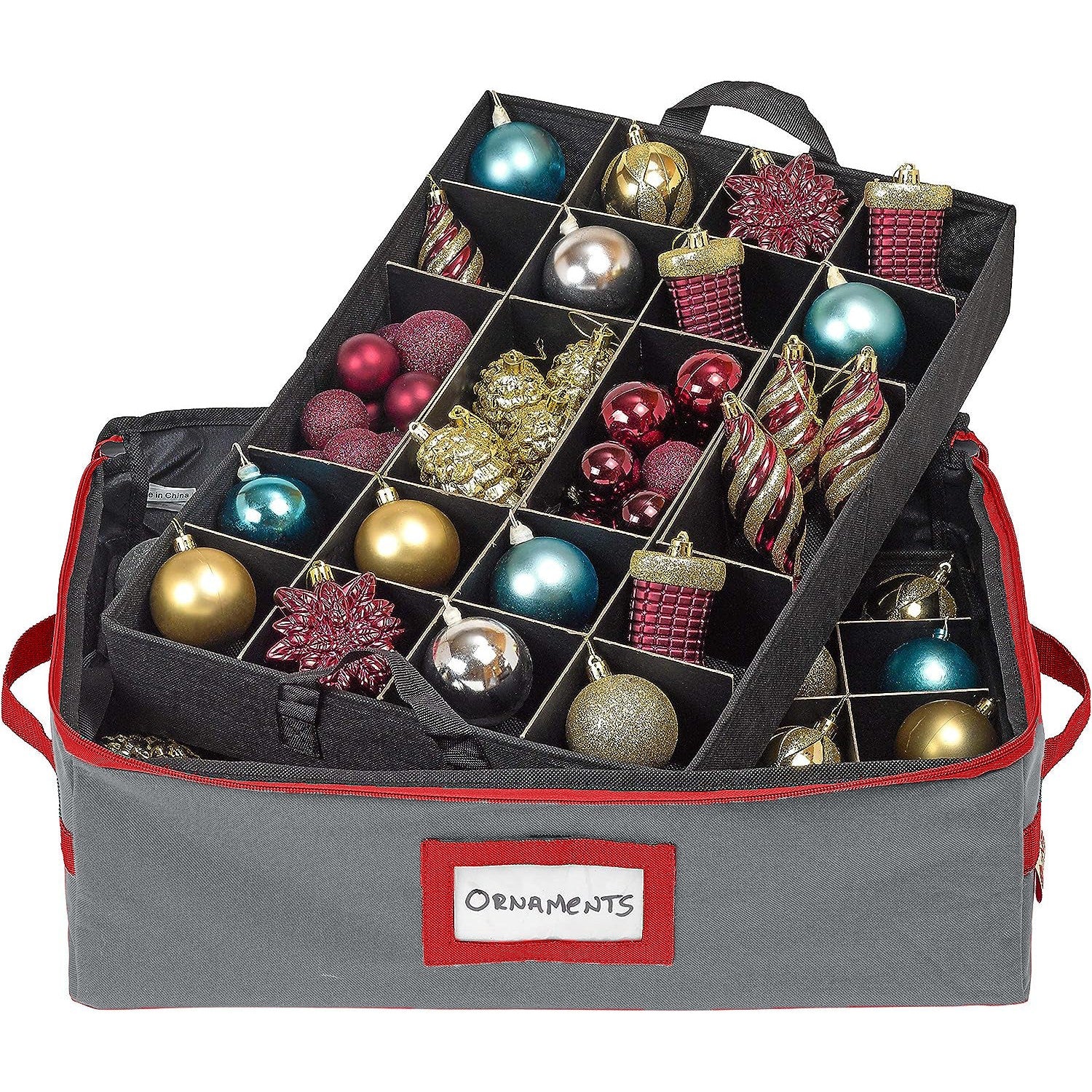 Underbed Christmas Ornament Storage Container - Holds up to 48-3" Ornaments – Two Individual Removable Trays w/ Adjustable Dividers to Fit Many Sizes Ornaments Heavy-Duty 600D Ornaments Storage Box
