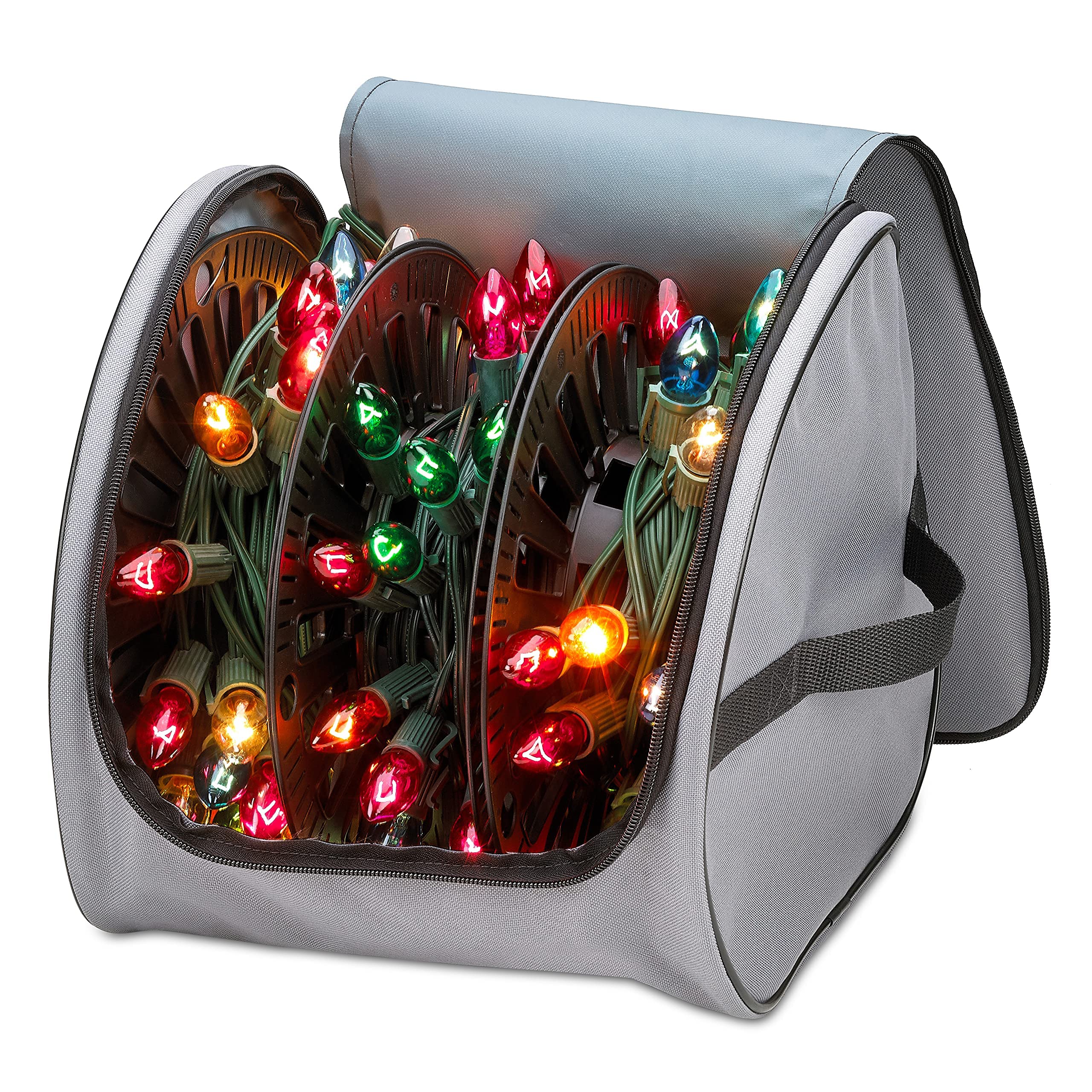 Premium Christmas Light Storage Bag – Heavy Duty Tear Proof 600D/Inside PVC Material with Reinforced Handles - With 3 Reels Stores up to 375 Ft of Mini Christmas Tree Lights & Extension Cords