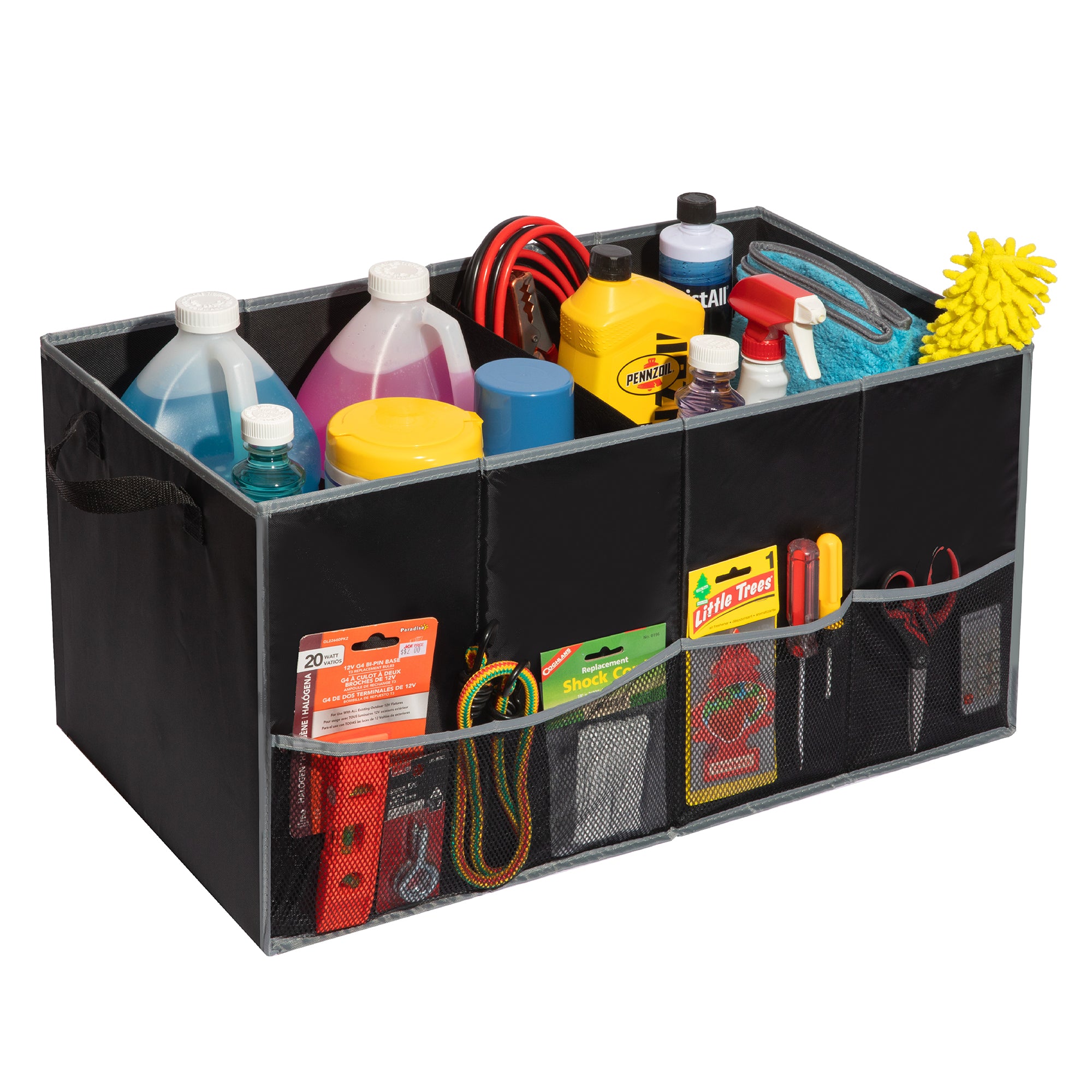 Auto Trunk organizer with 2 Large compartments, Handles, and Side Pockets – 25.5” L x 13” W x 13.25” H - Black