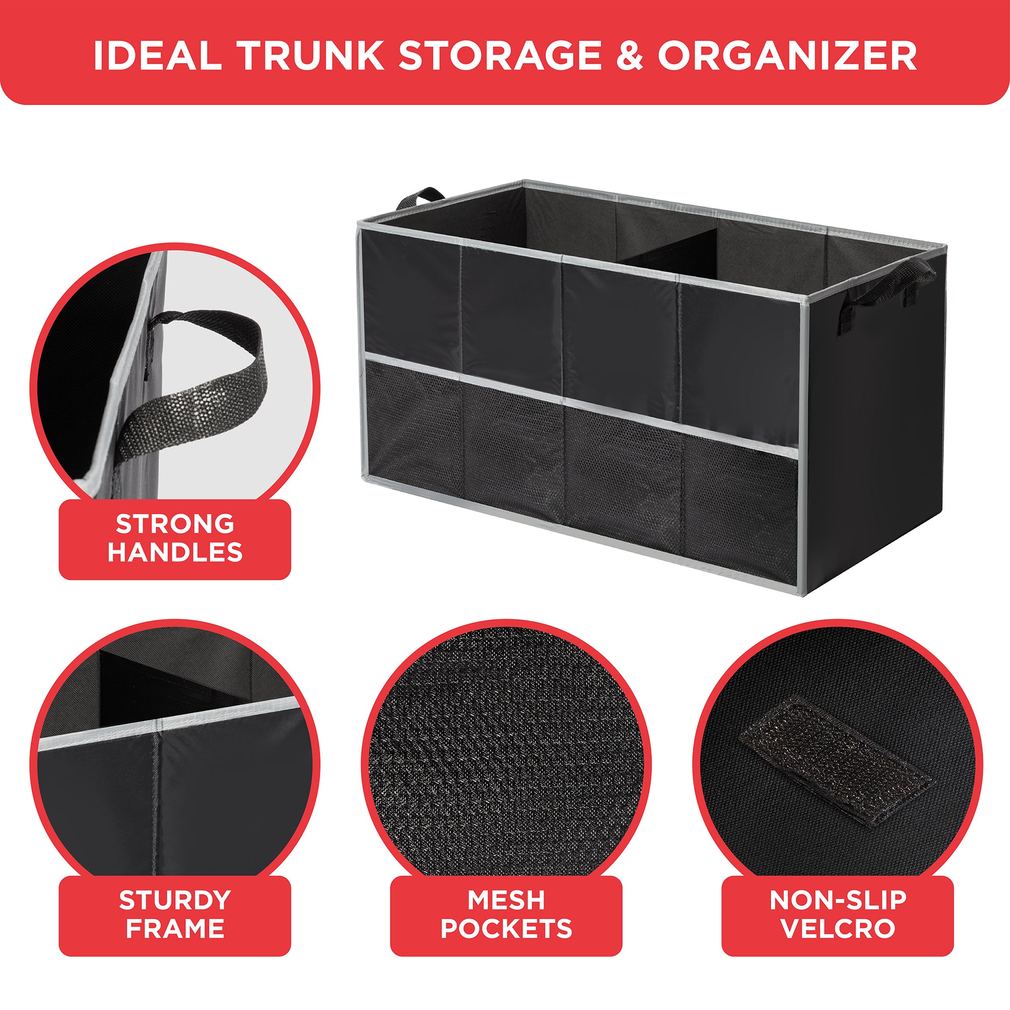 Auto Trunk organizer with 2 Large compartments, Handles, and Side Pockets – 25.5” L x 13” W x 13.25” H - Black