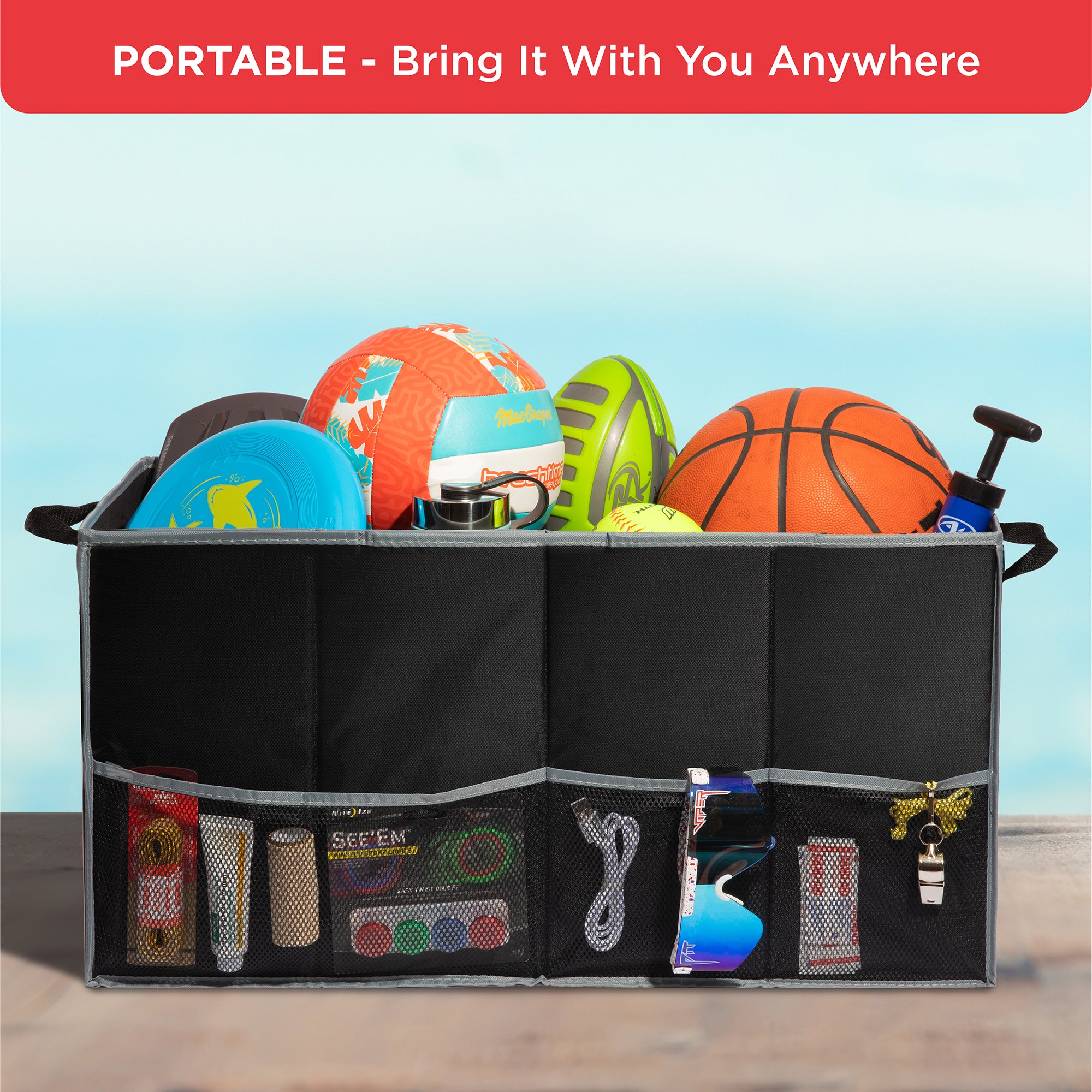 Auto Trunk organizer with 2 Large compartments, Handles, and Side Pockets – 25.5” L x 13” W x 13.25” H - Black