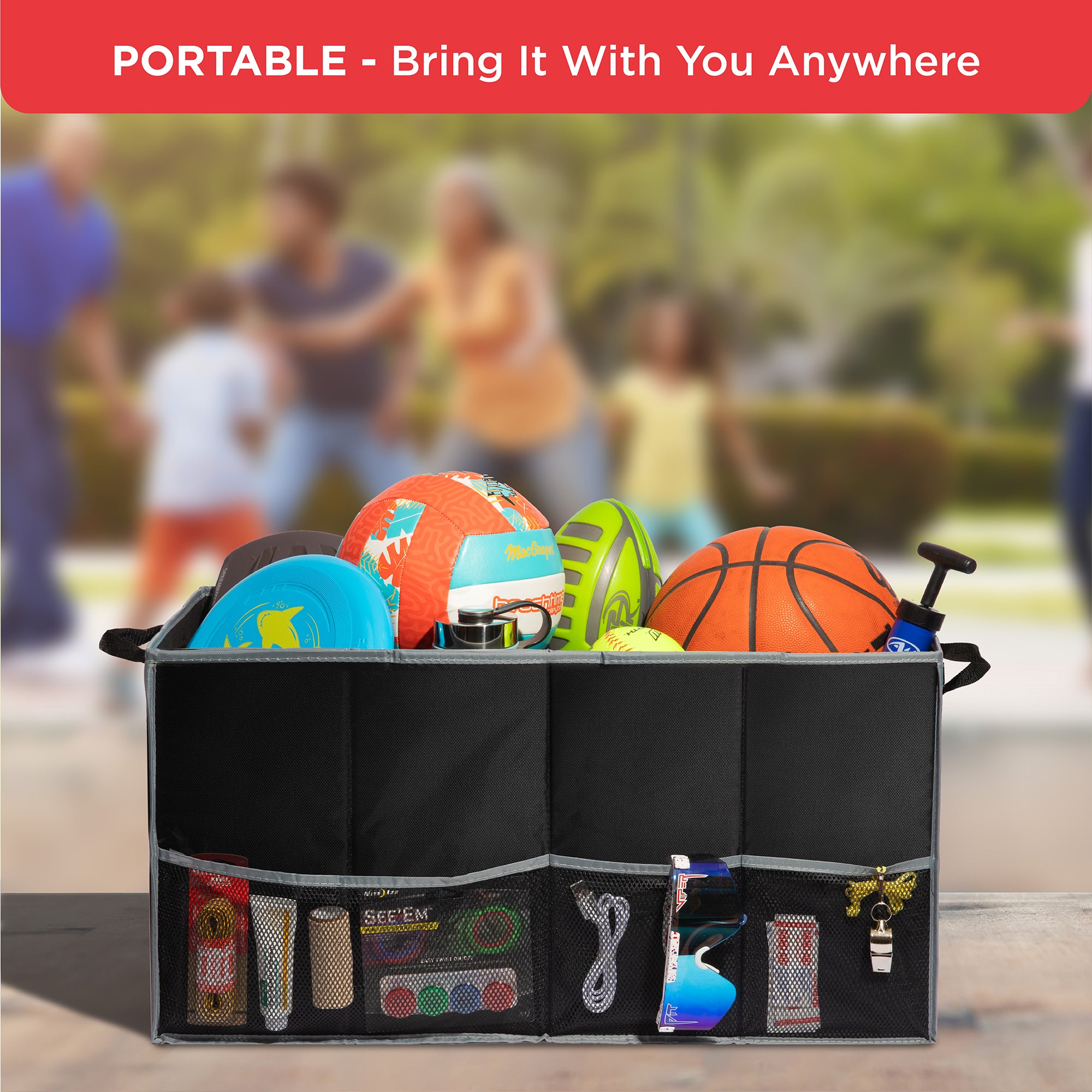 Auto Trunk organizer with 2 Large compartments, Handles, and Side Pockets – 25.5” L x 13” W x 13.25” H - Black