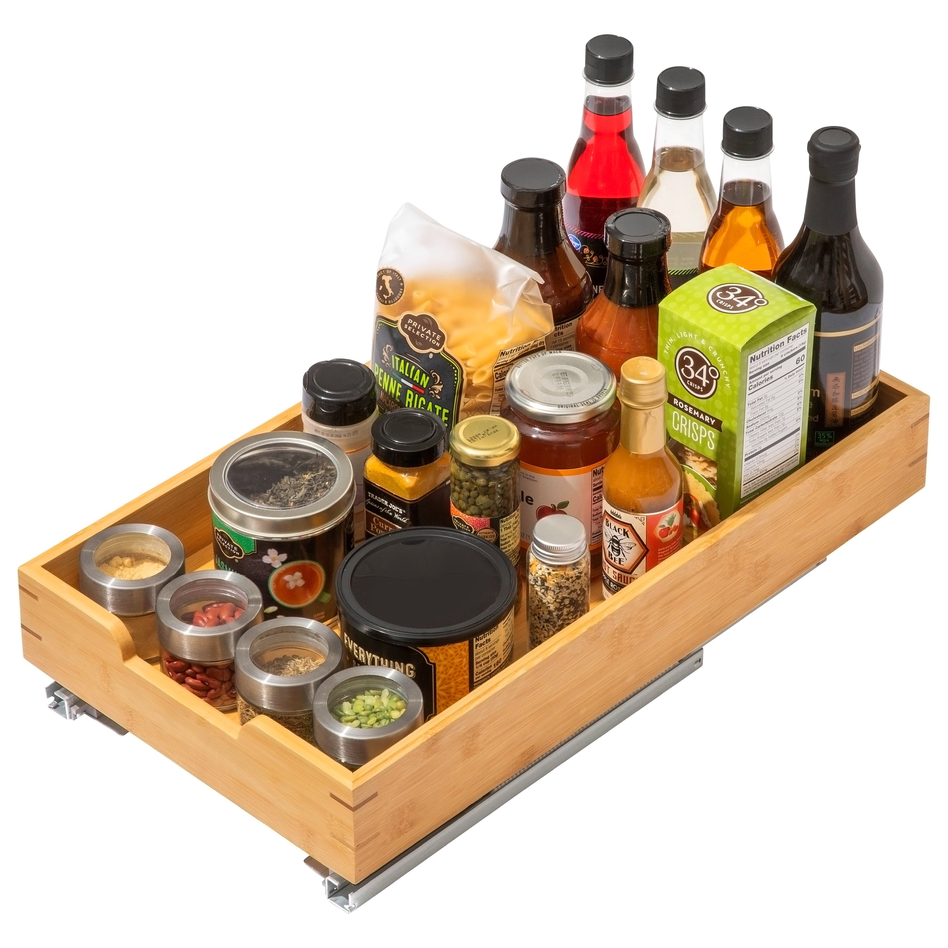 Bamboo Wooden Pull out Cabinet Organizer with Heavy Gauge Metal Rails