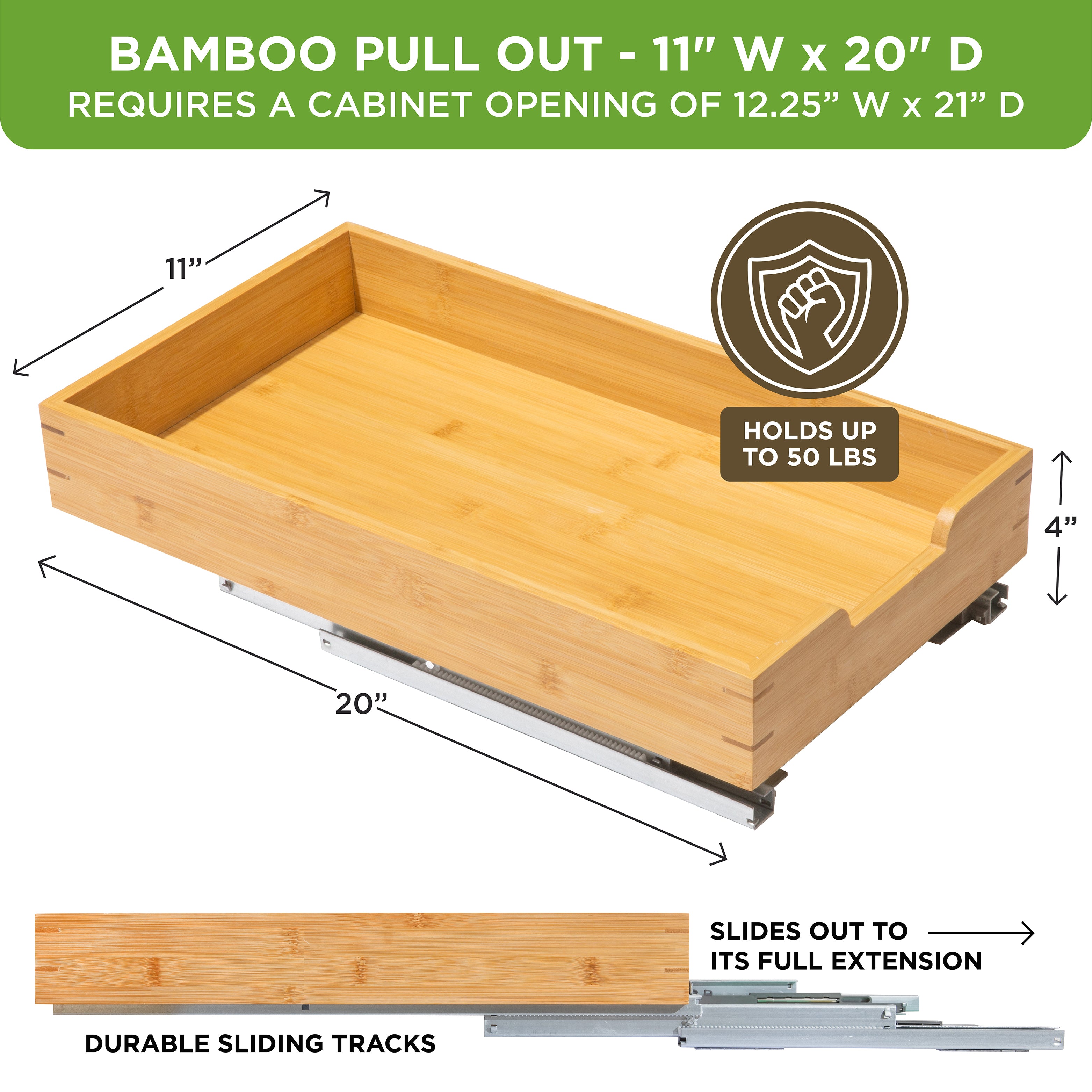 Bamboo Wooden Pull out Cabinet Organizer with Heavy Gauge Metal Rails